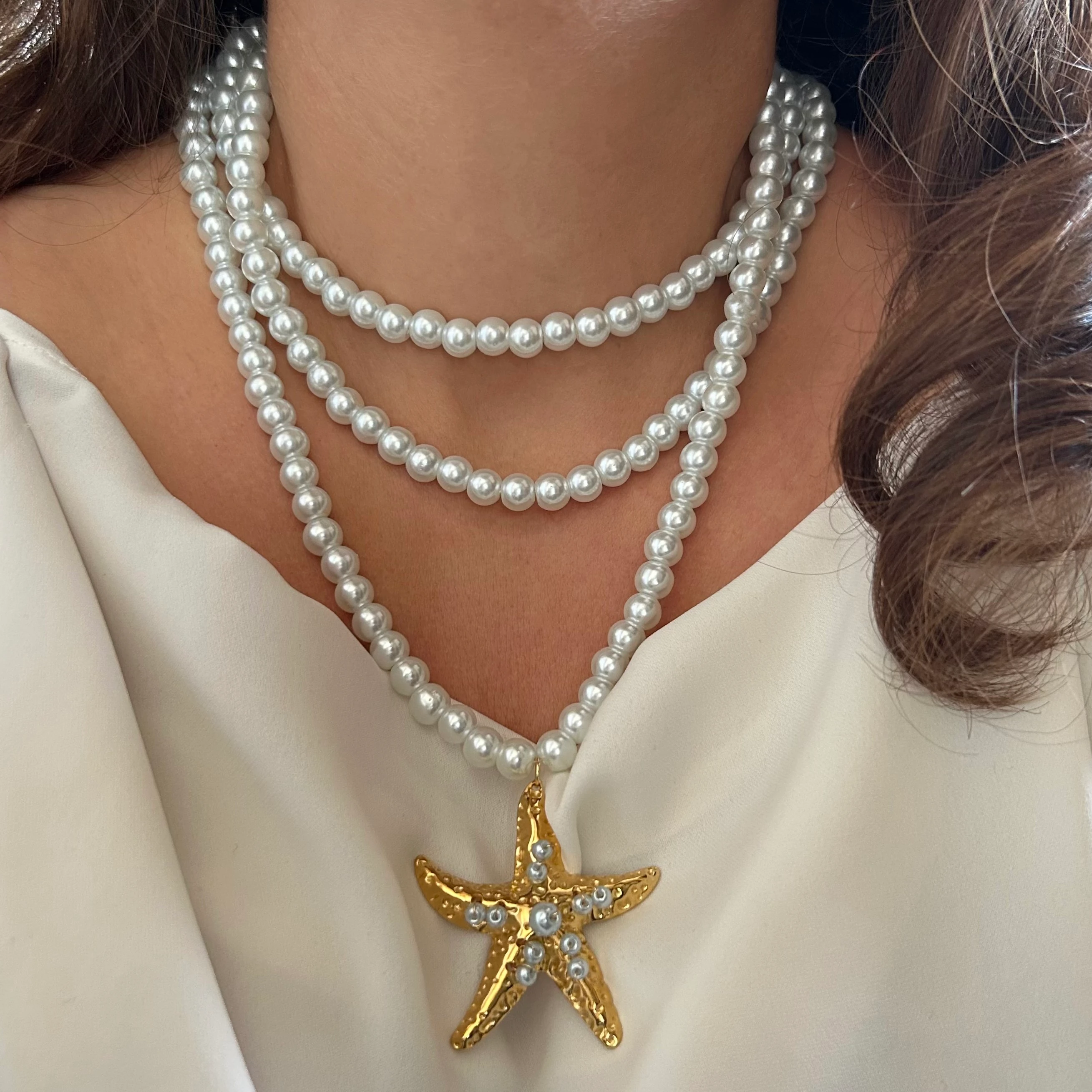 Üç Sıralı Cam İnci Deniz Yıldızı Kolye 