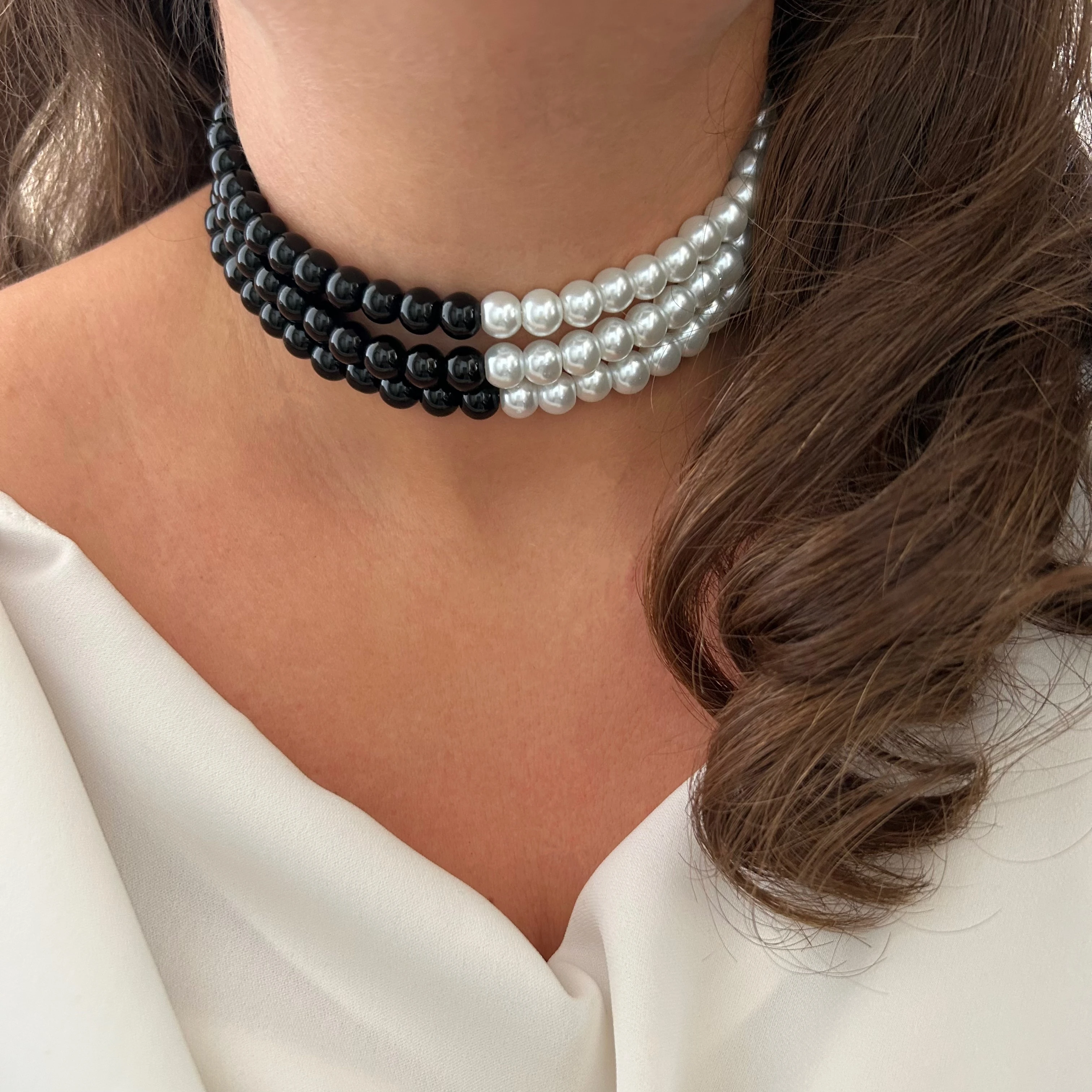 Oniks Taşı & Cam İnci Choker Kolye