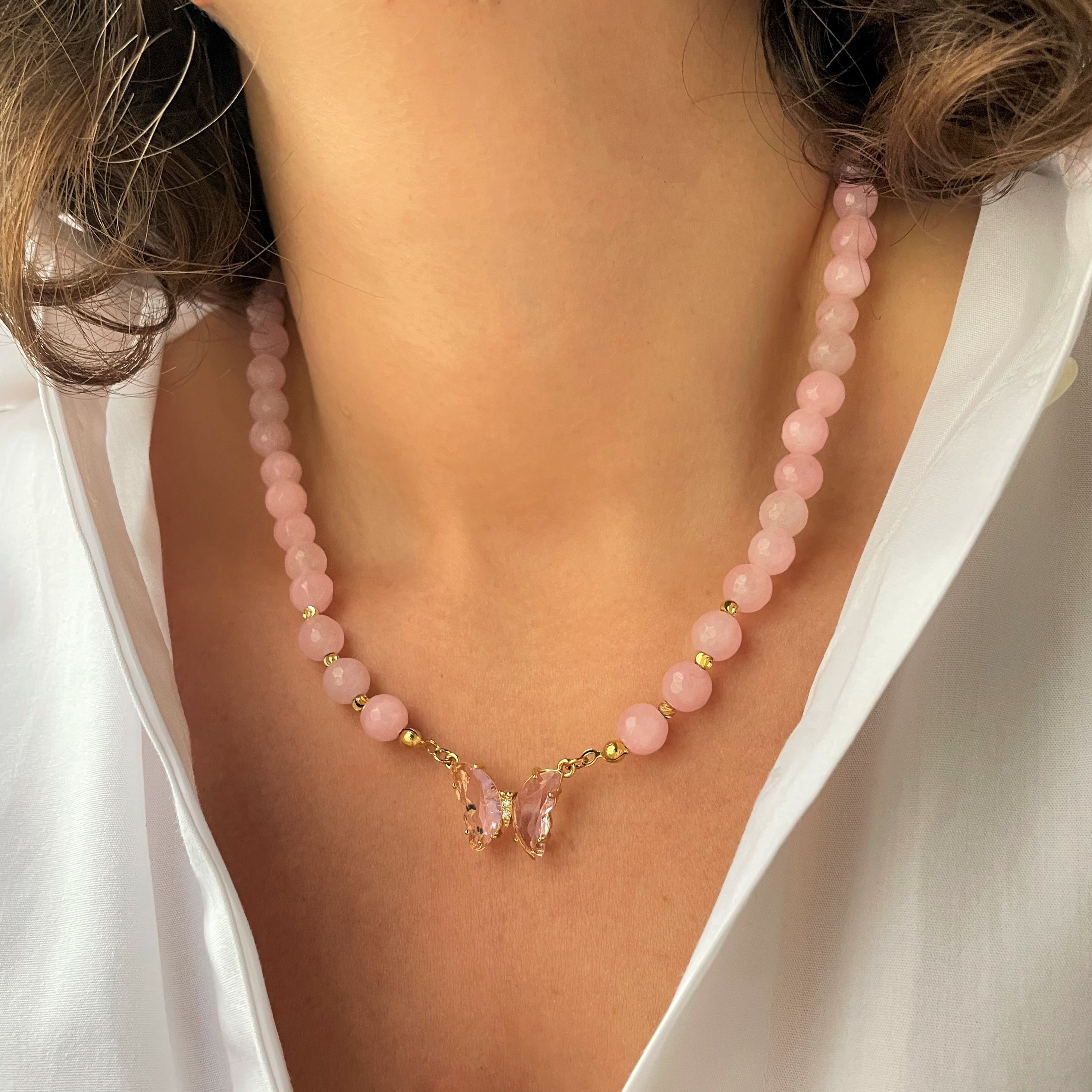 Pembe Kuvars Taşlı Kristal Kelebek Kolye