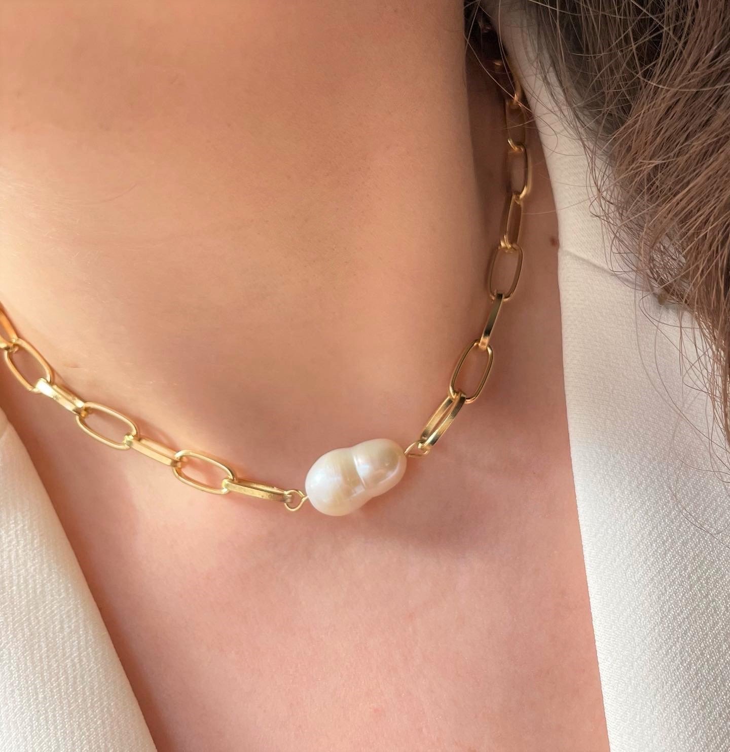 Barok İncili Ataç Zincir Choker Kolye