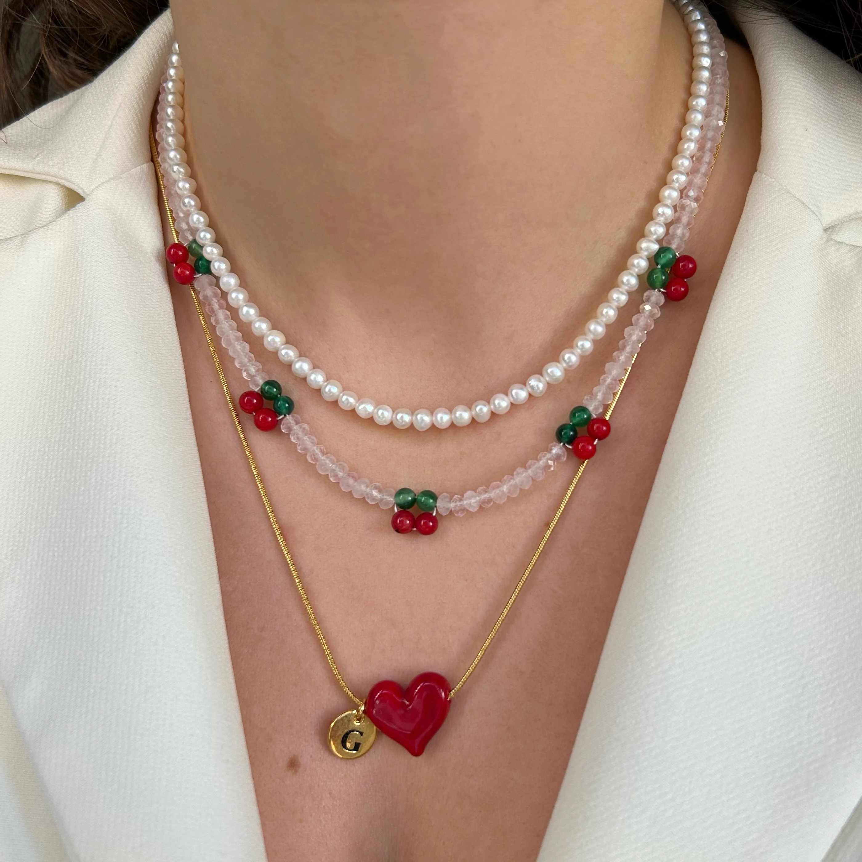 Pembe Kuvars Taşlı Mercan Kiraz Kolye 