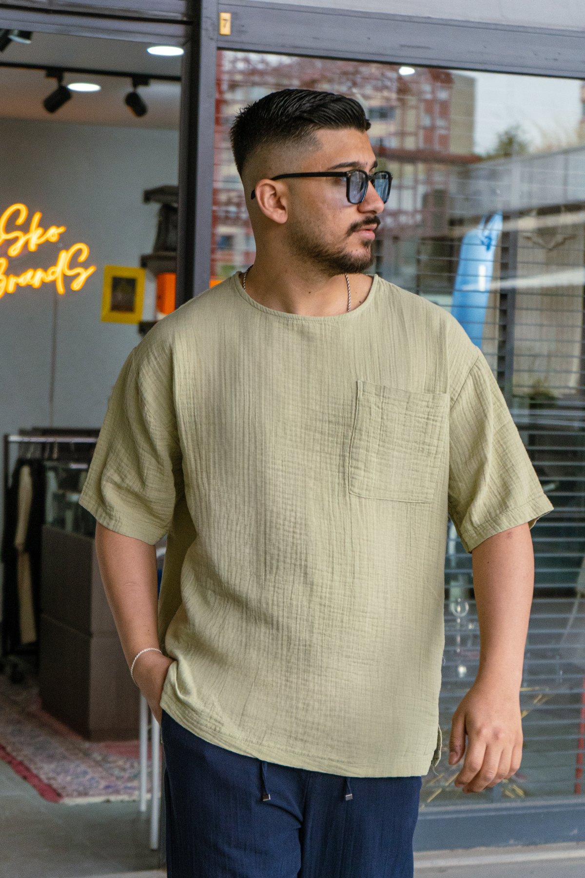 Yeşil Oversize Cep Detaylı Tshirt