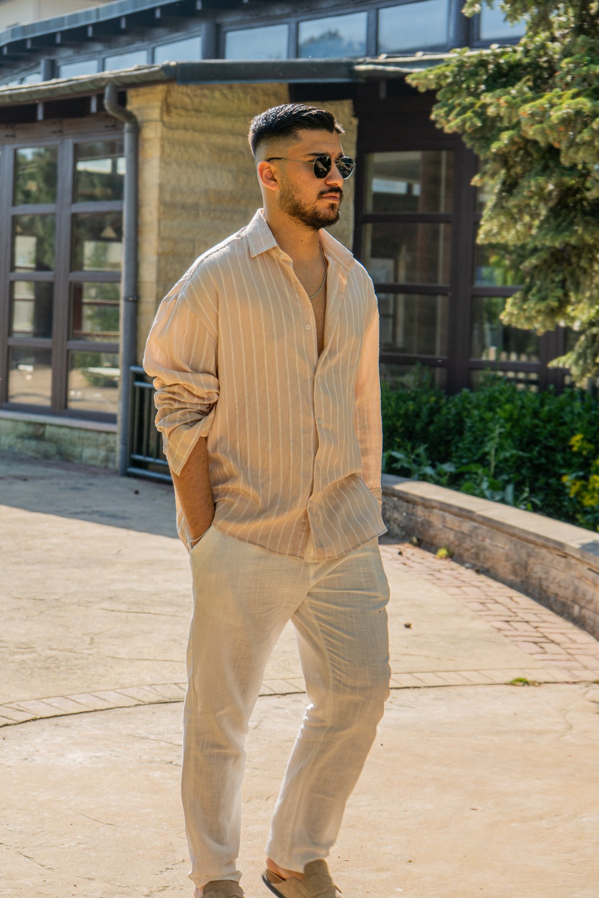 Bej Oversize Çizgili Modal Gömlek