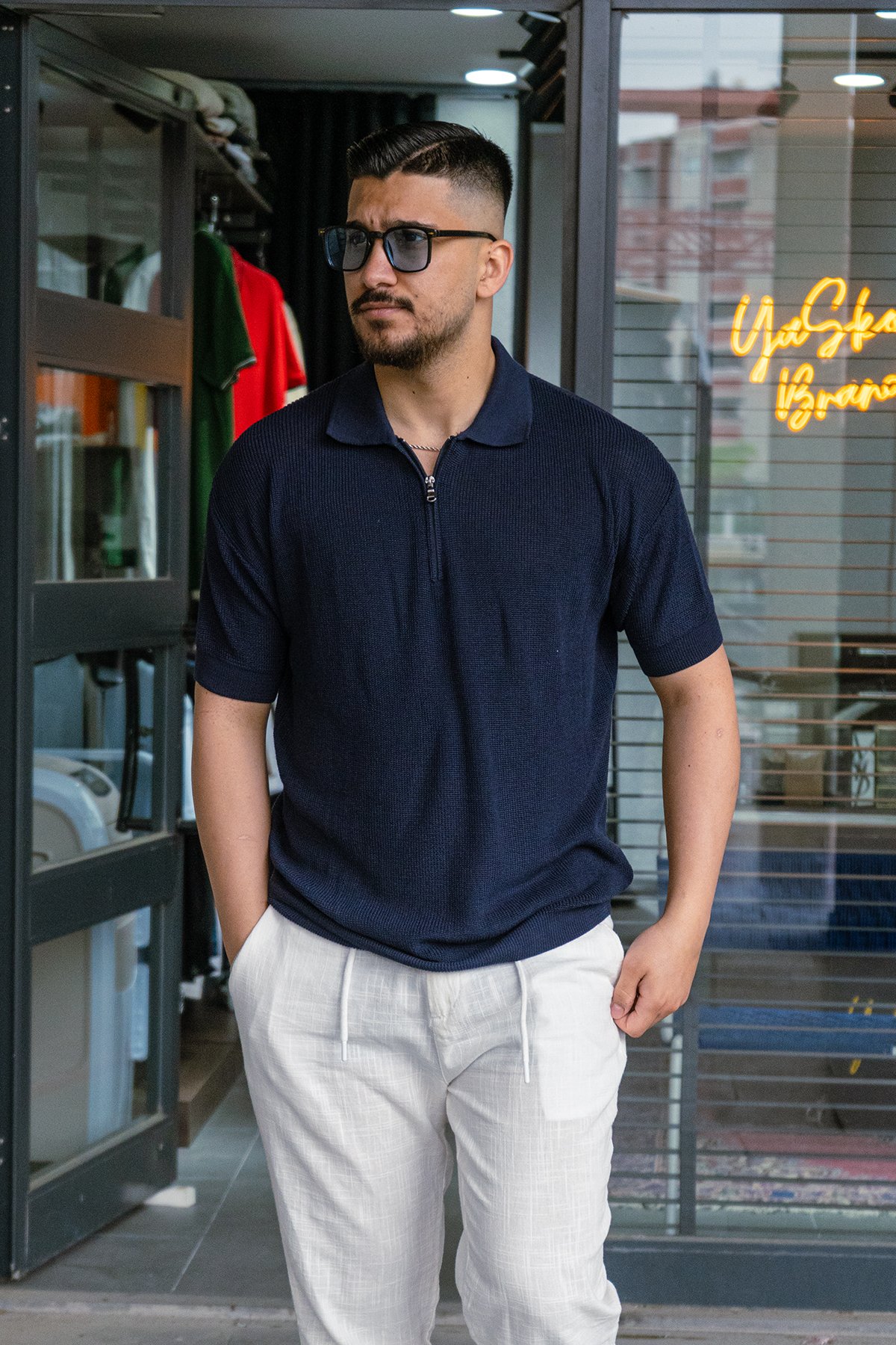 Lacivert Oversize Fermuarlı Triko Tshirt