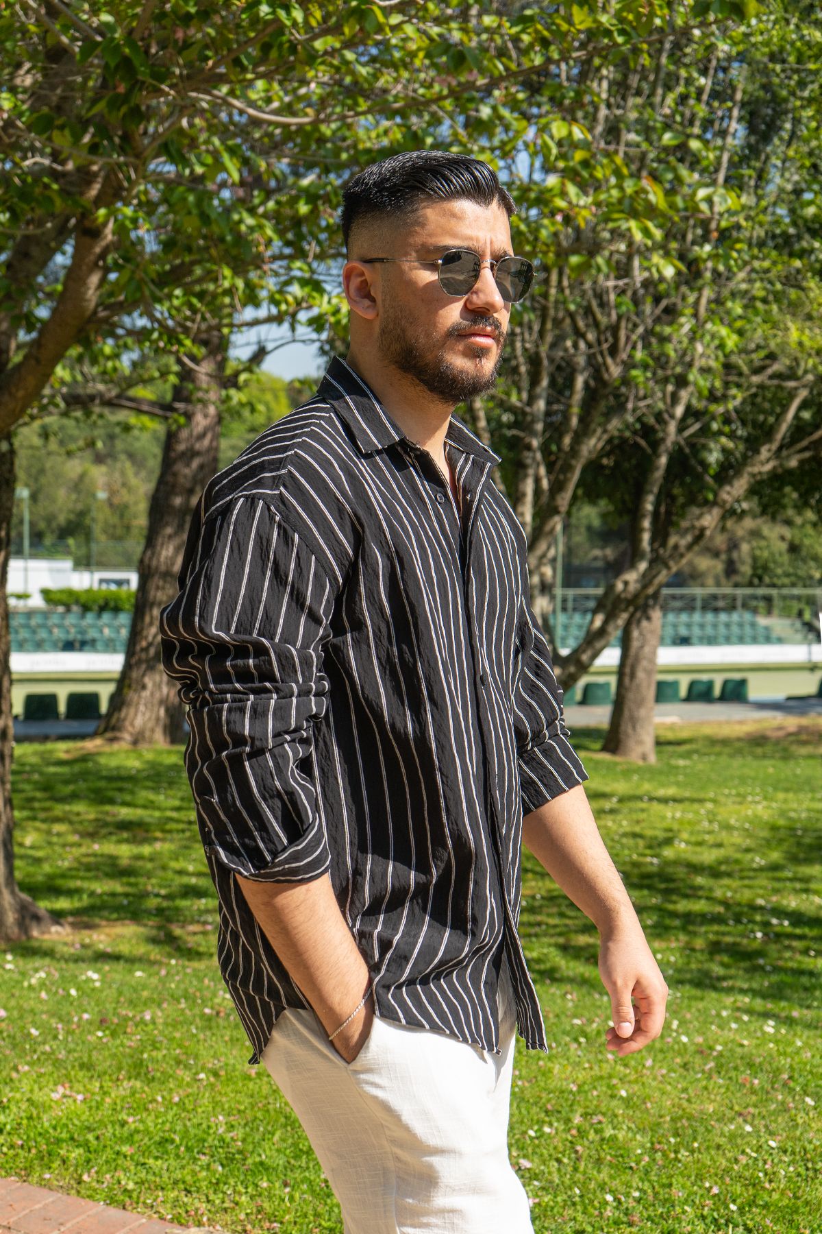 Siyah Oversize Çizgili Modal Gömlek