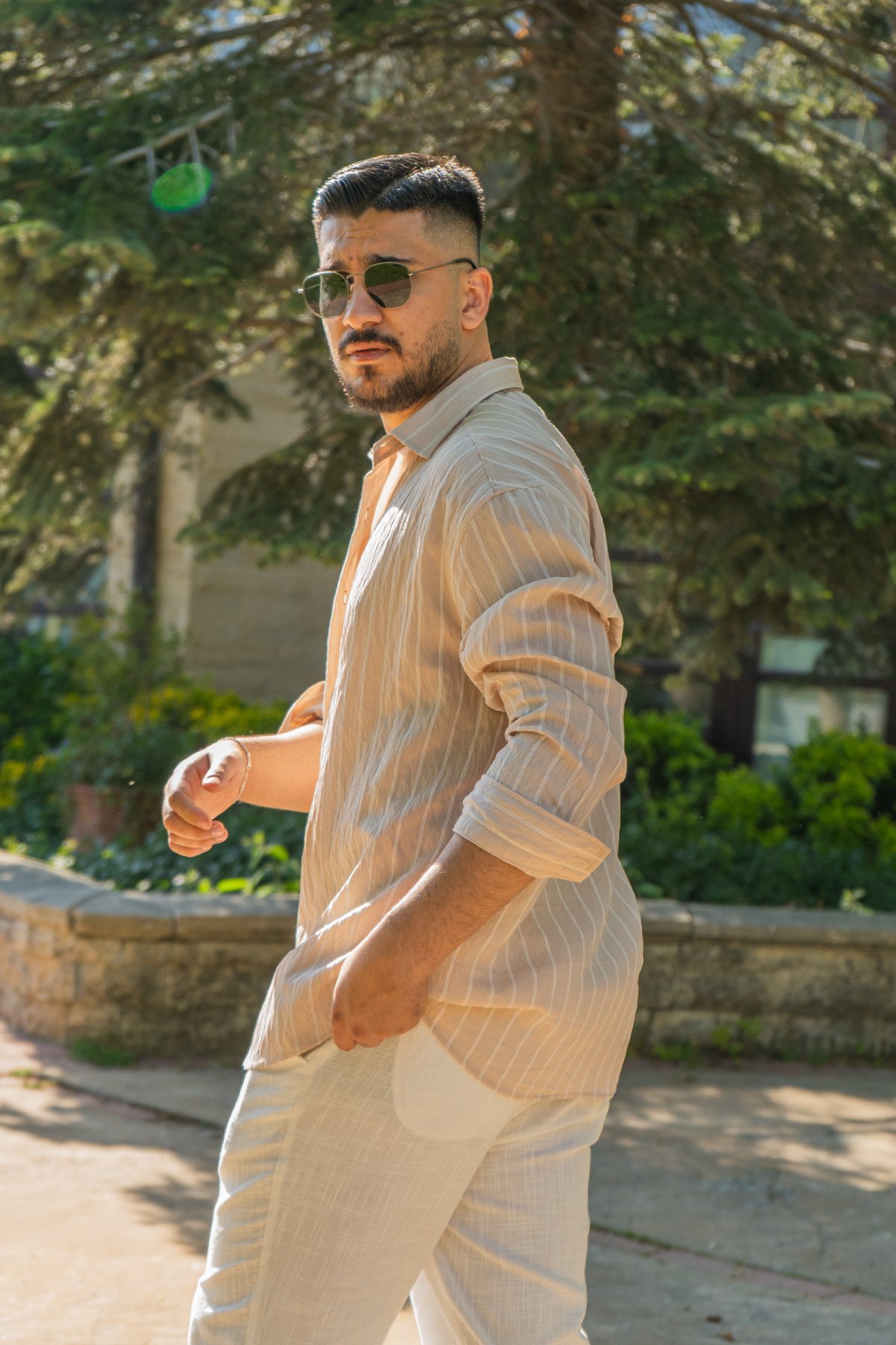 Bej Oversize Çizgili Modal Gömlek
