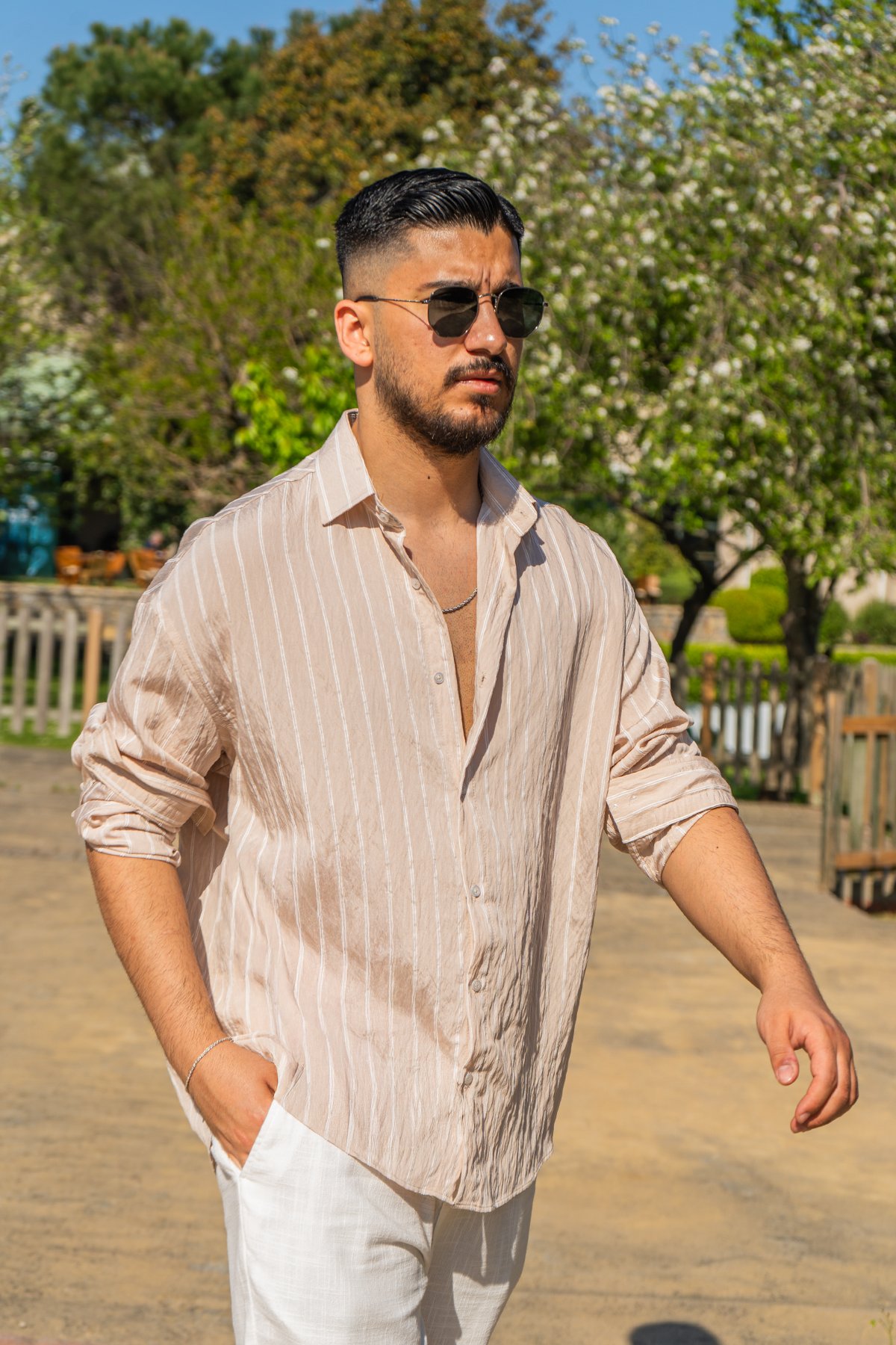 Bej Oversize Çizgili Modal Gömlek