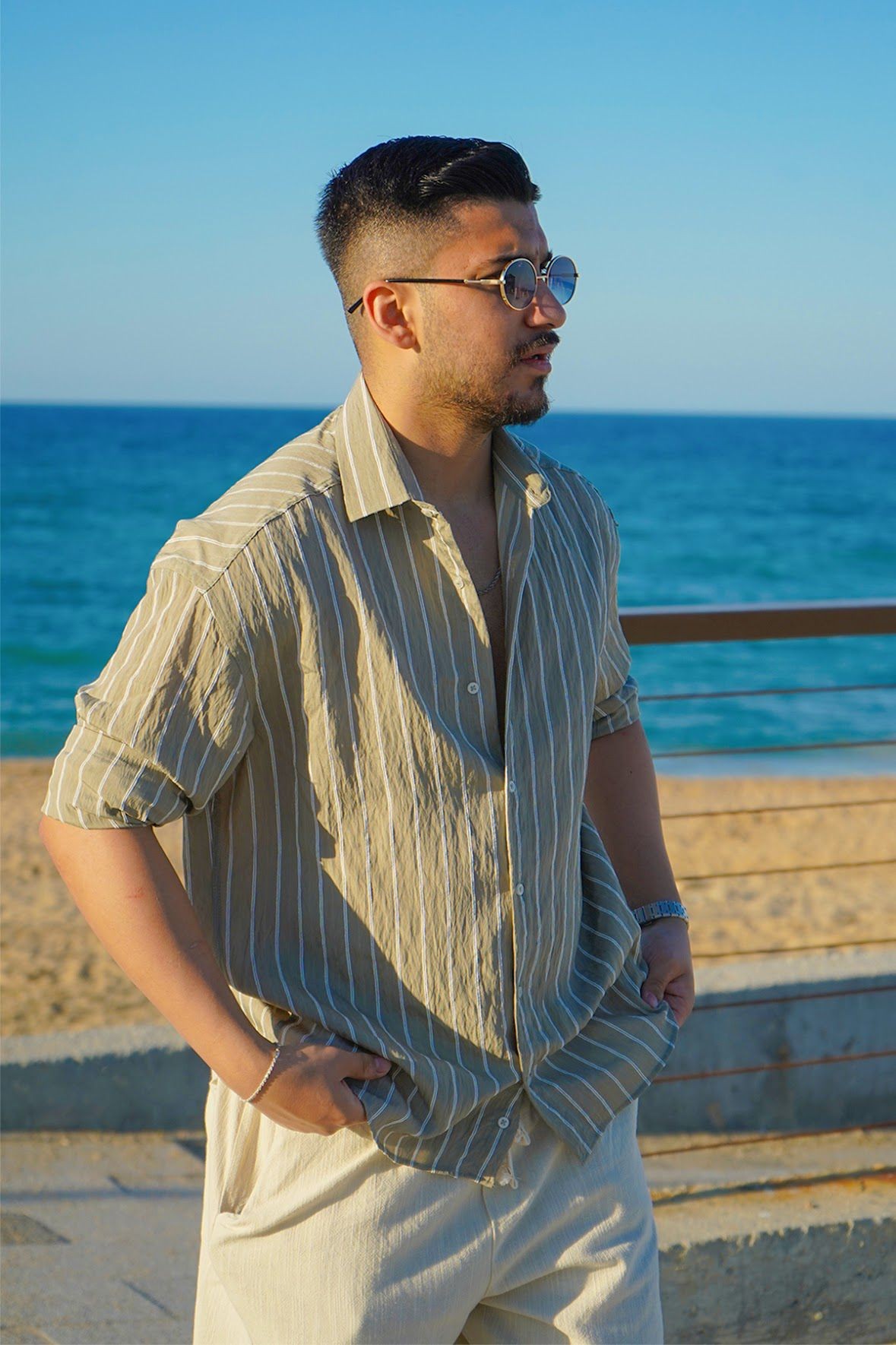 Haki Yeşil Çizgili Oversize Gömlek 
