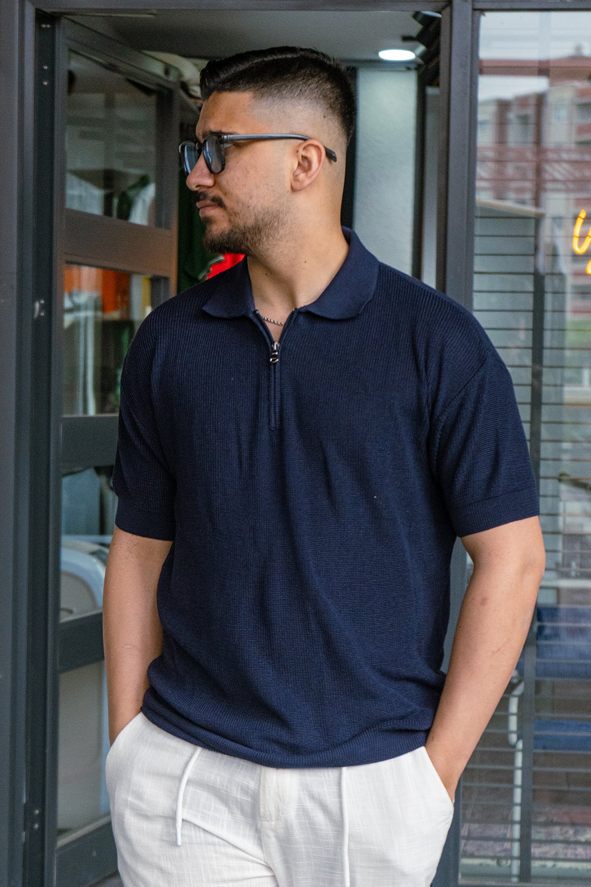 Lacivert Oversize Fermuarlı Triko Tshirt