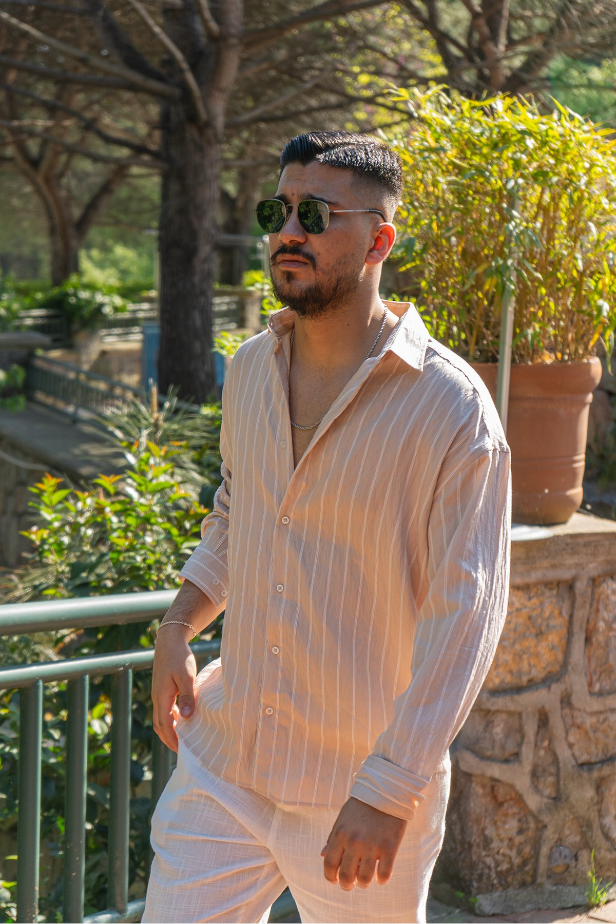 Bej Oversize Çizgili Modal Gömlek