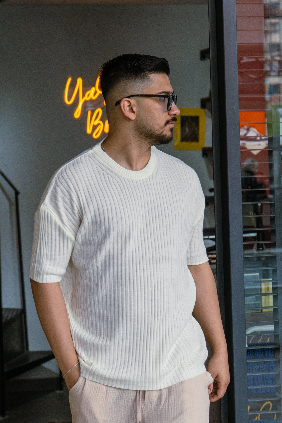 Beyaz Oversize Çizgili Triko Tshirt