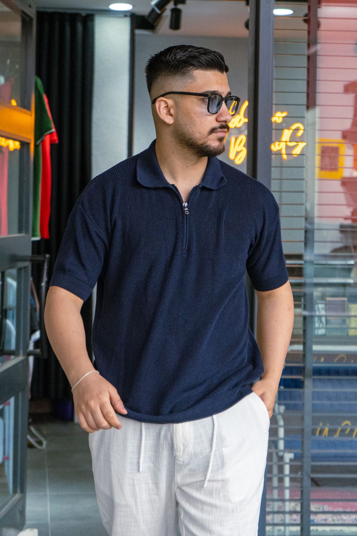 Lacivert Oversize Fermuarlı Triko Tshirt