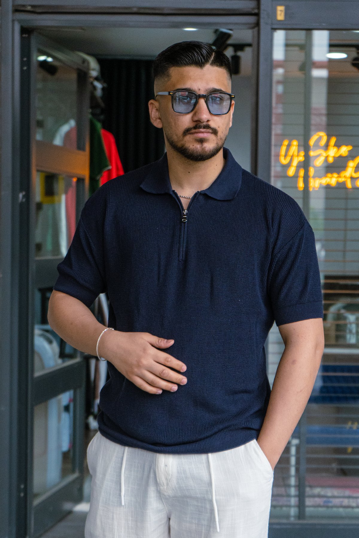 Lacivert Oversize Fermuarlı Triko Tshirt