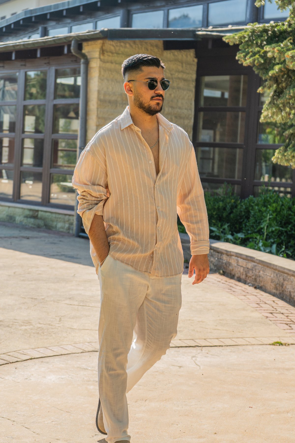 Bej Oversize Çizgili Modal Gömlek