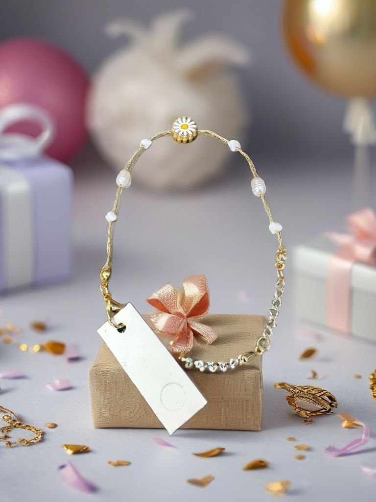 EL YAPIMI BEYAZ TAŞLI PAPATYA DETAYLI BİLEKLİK