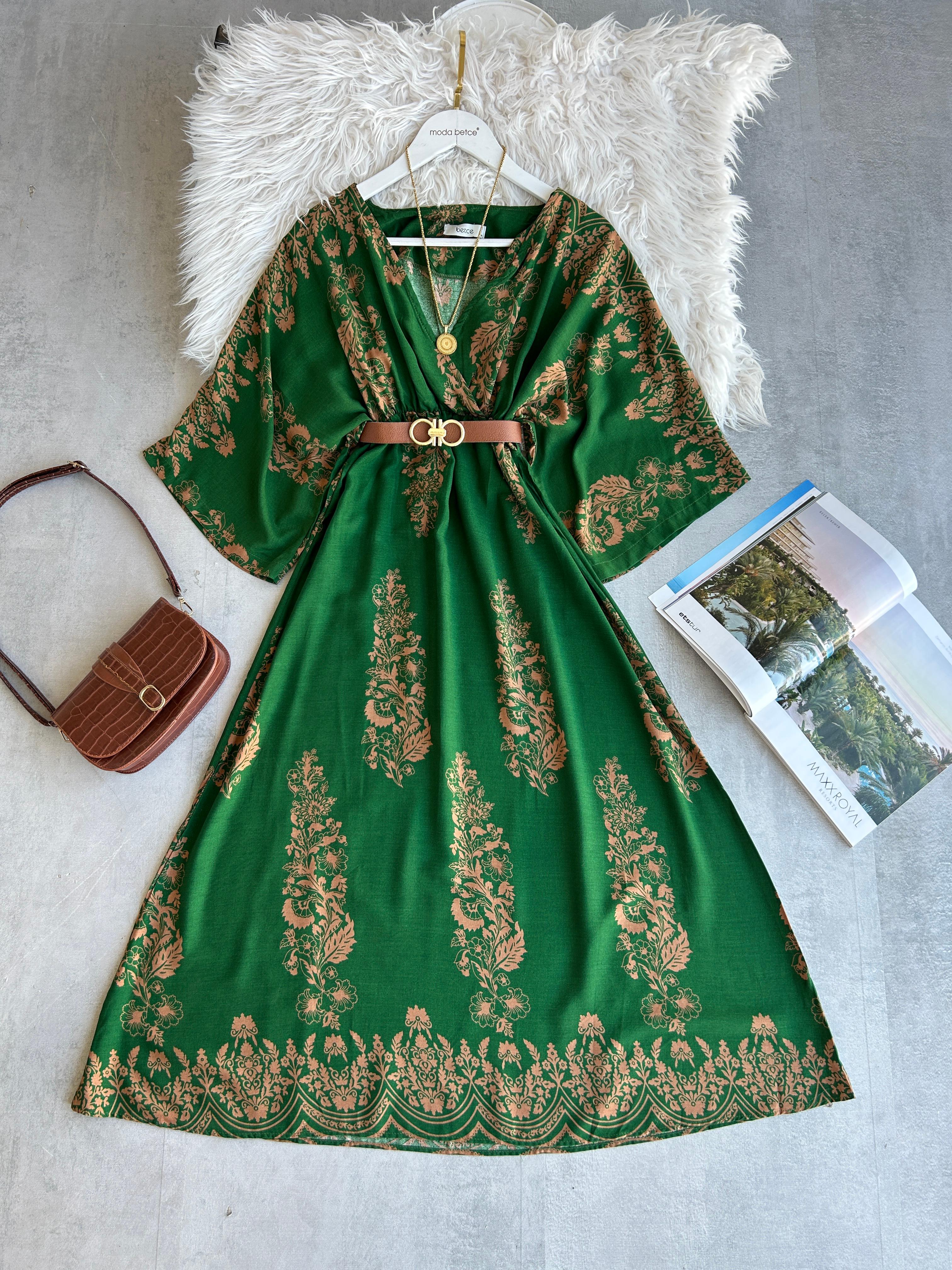 Yeni Vintage Elbise Camelli Yeşil 