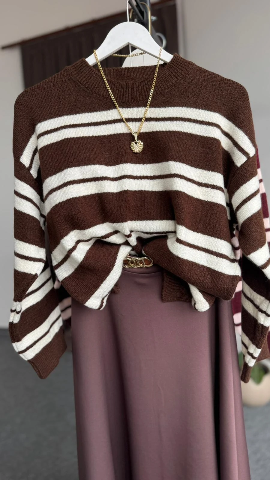 yeni çizgili larry yün kazak kahverengi