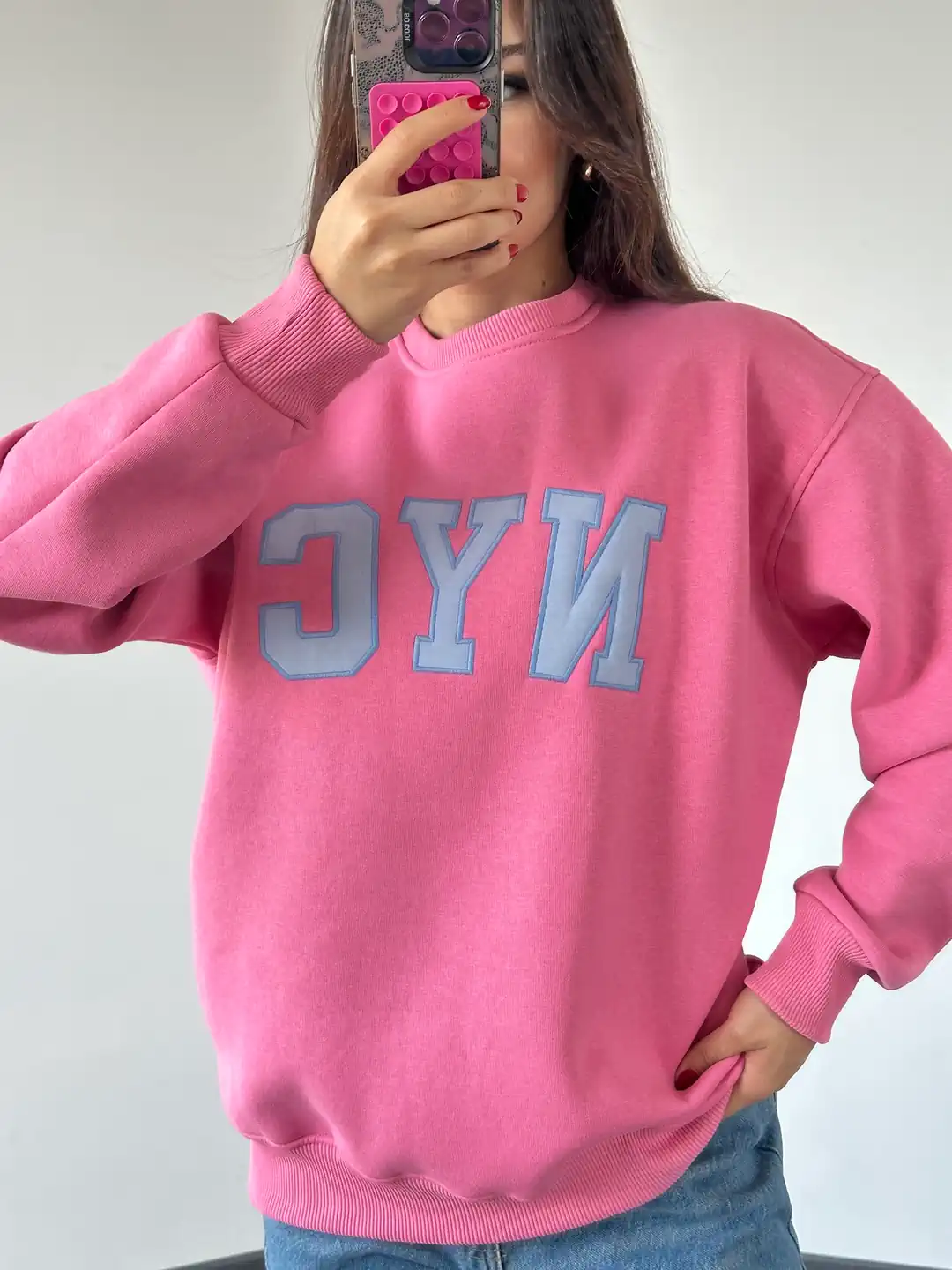 NYC nakışlı sweat pembe