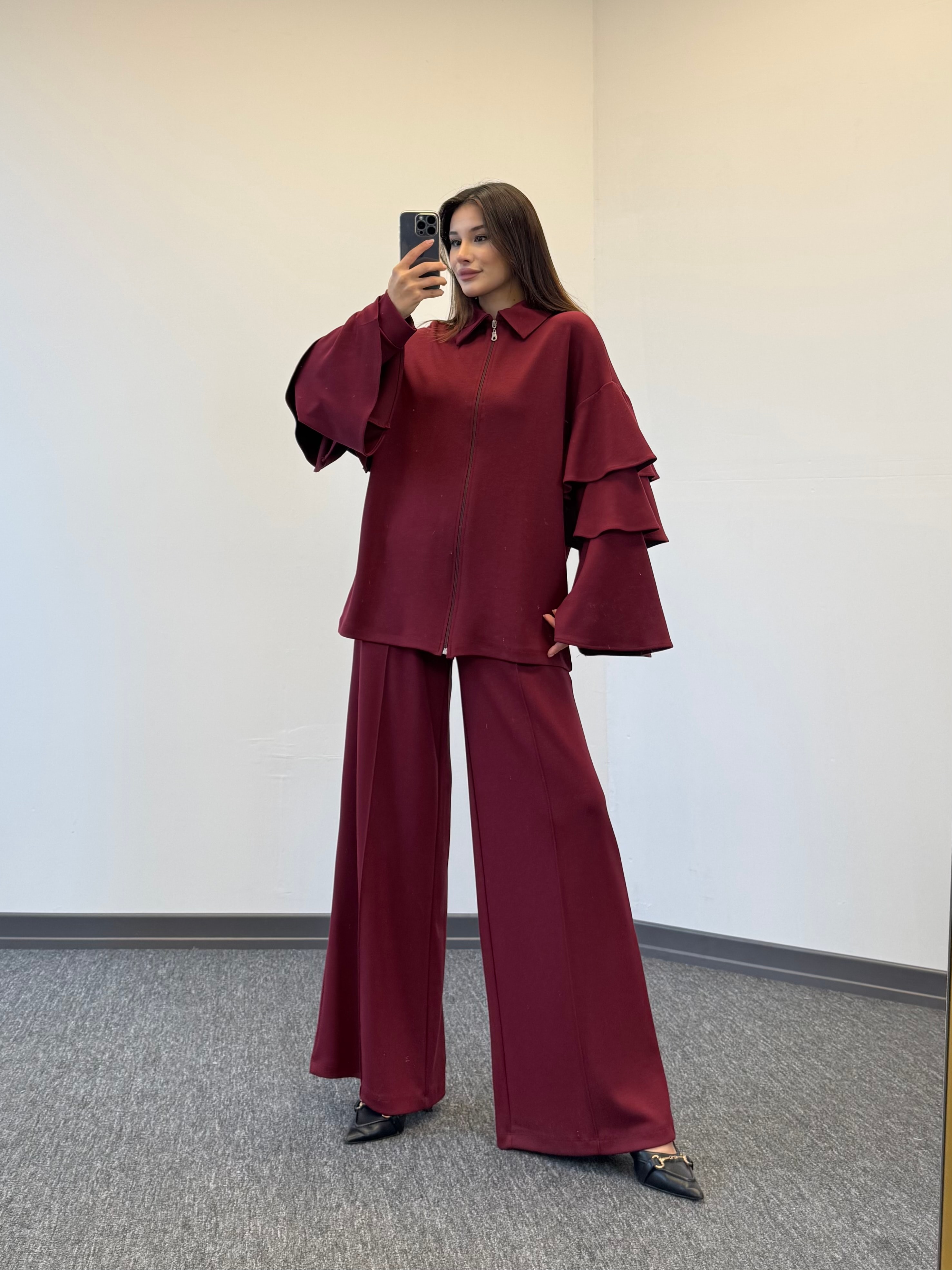 angora oysh fırfırlı takım bordo