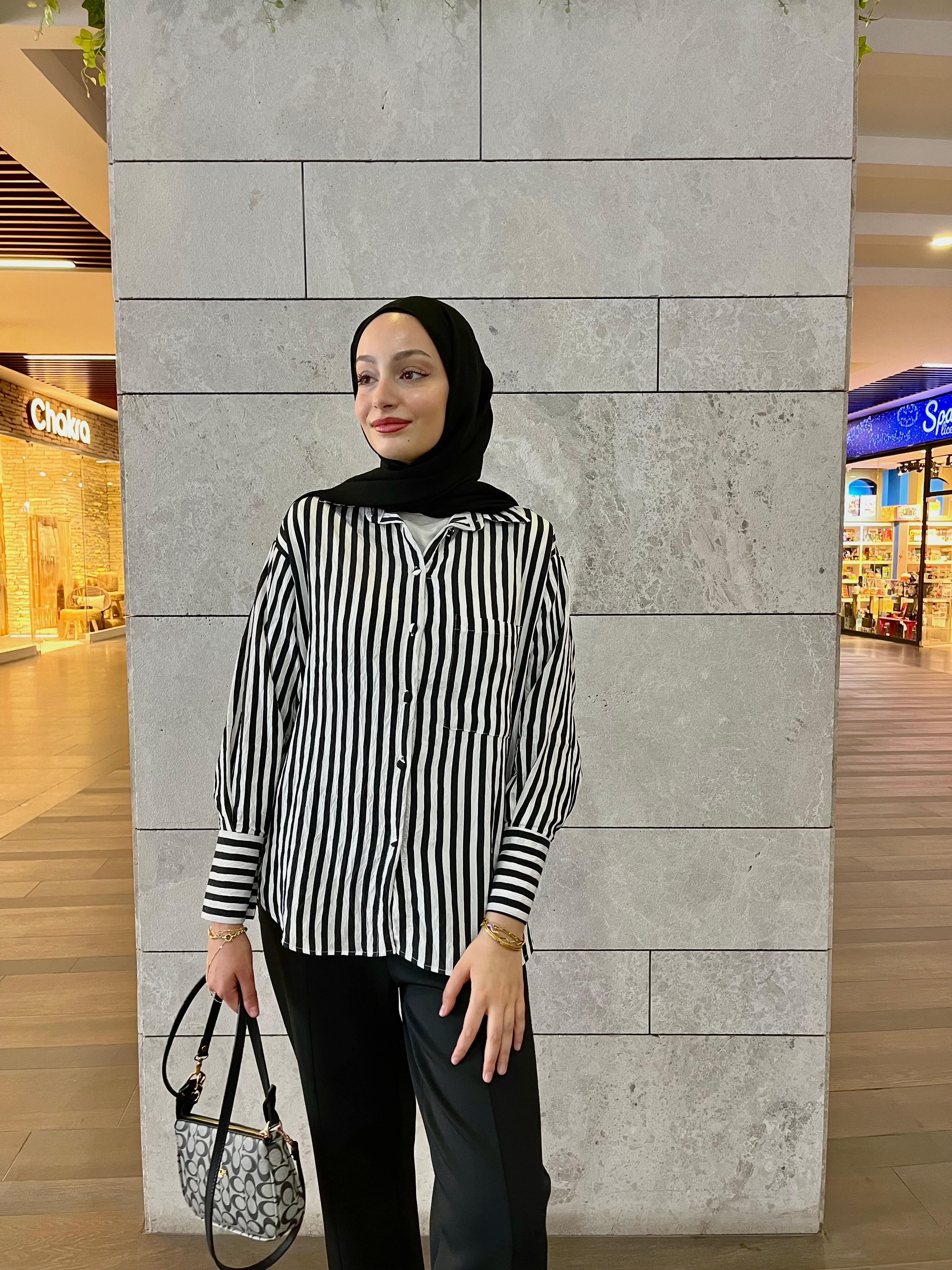 ZRA çizgili oversize gömlek siyah