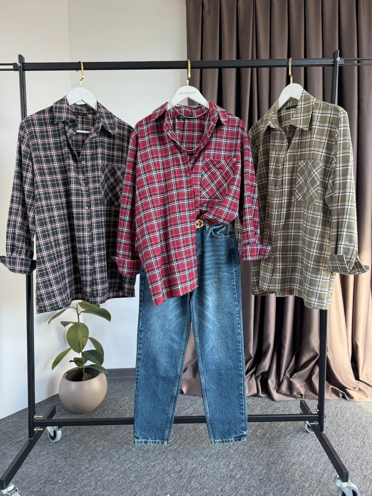 Yeni Ekoseli oversize gömlek 28 bordo