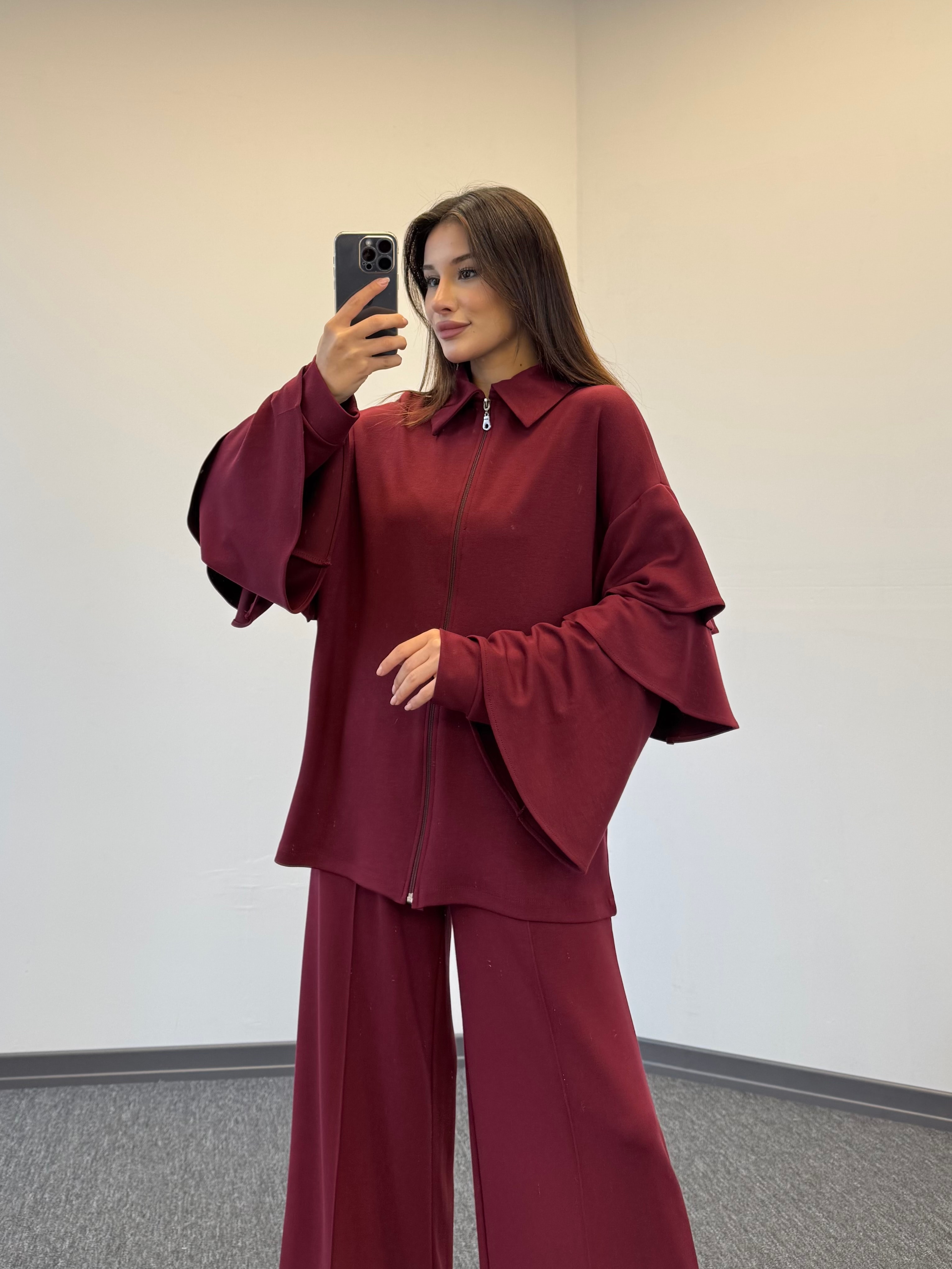 angora oysh fırfırlı takım bordo