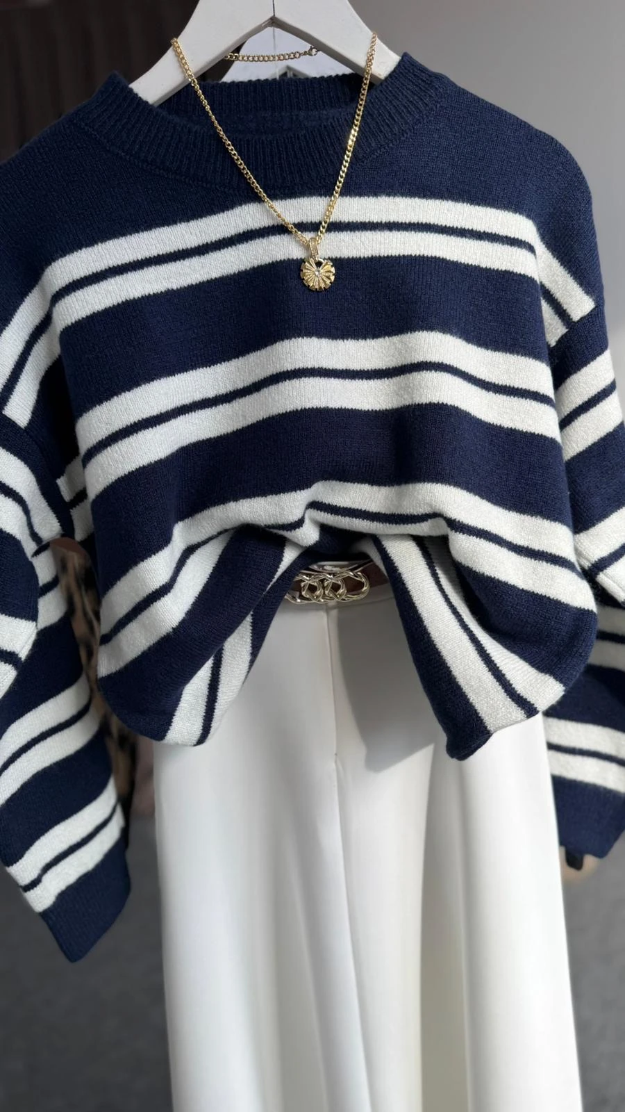 yeni çizgili larry yün kazak  lacivert 