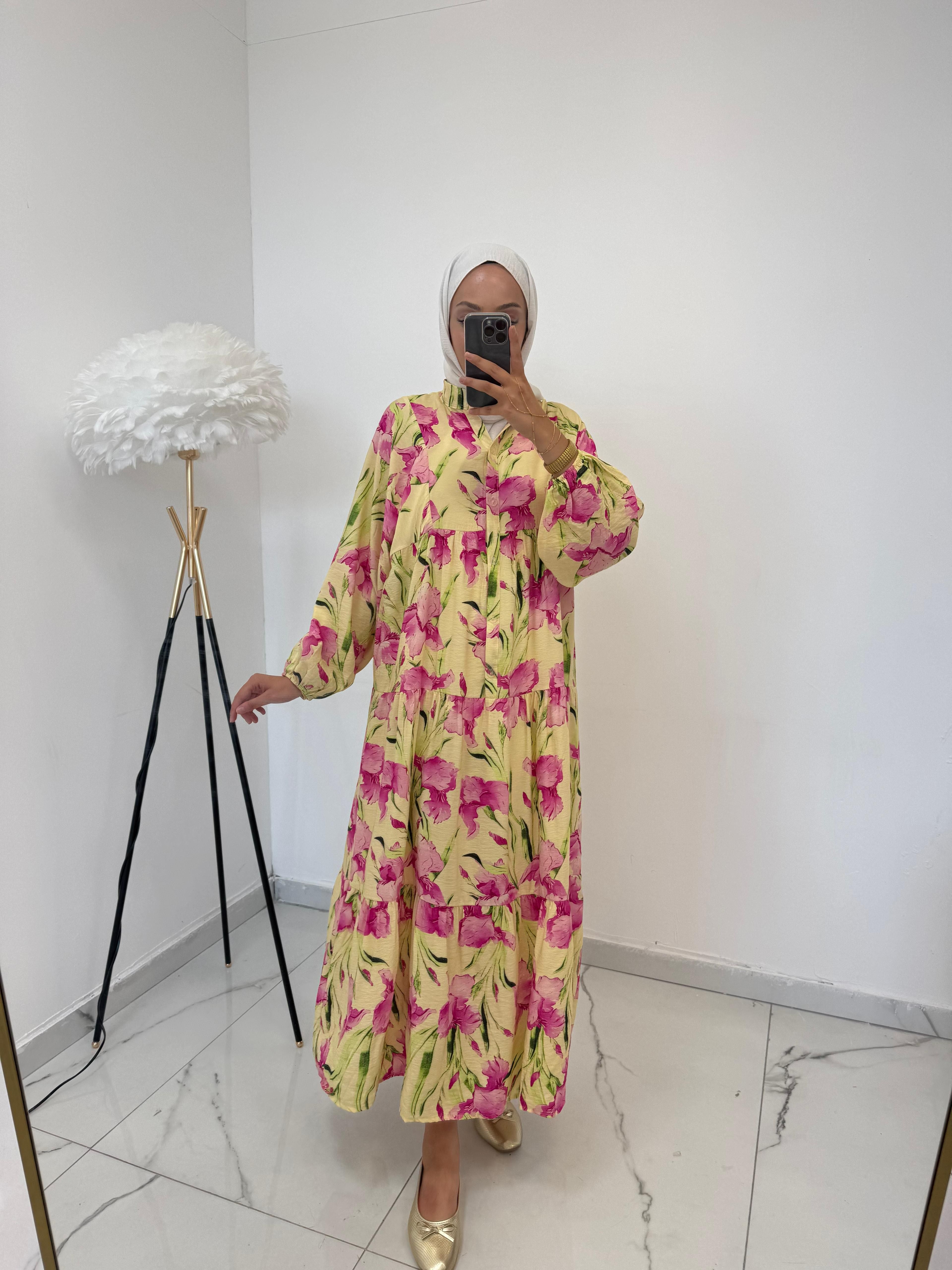 Mango Kumaş Katkat Sarı Elbise