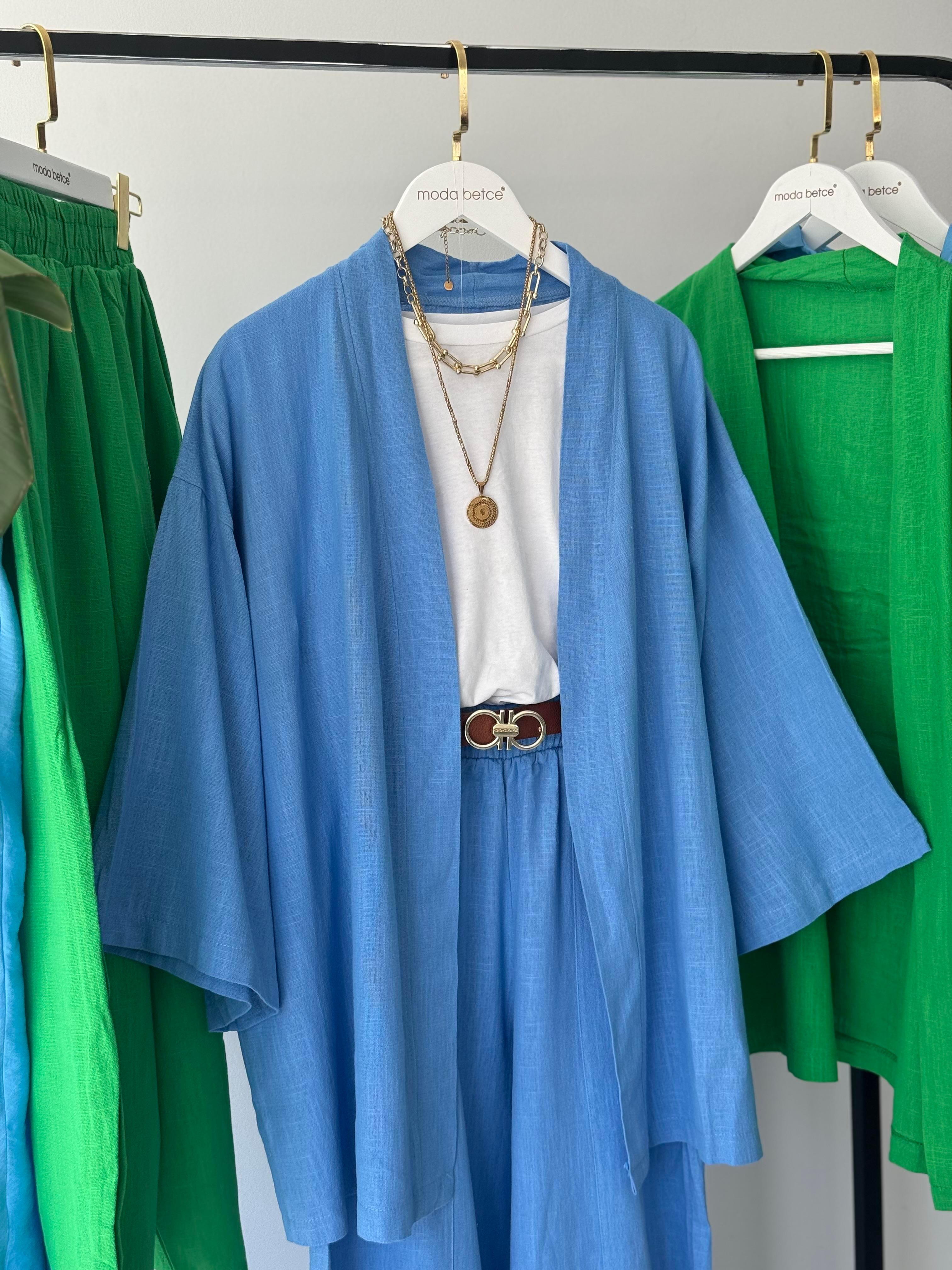 Keten Lina Kimono Takım Mavi
