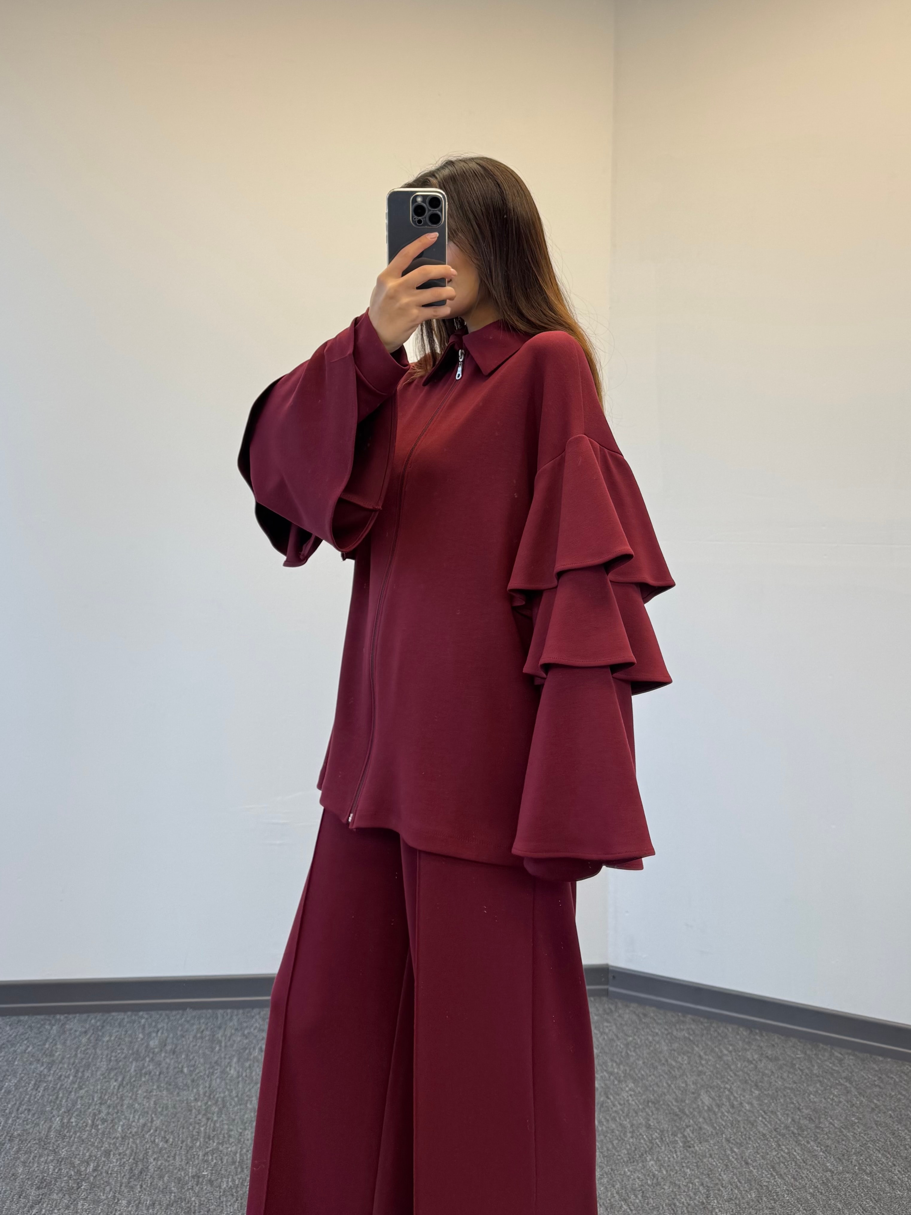 angora oysh fırfırlı takım bordo