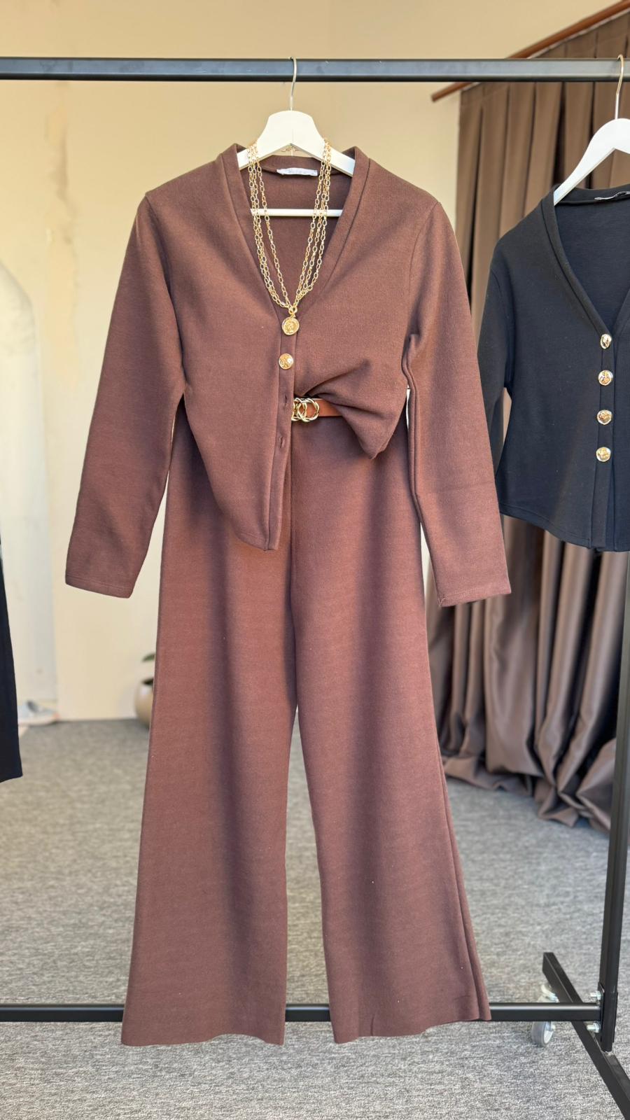 Aliza gold düğme triko takım Kahverengi