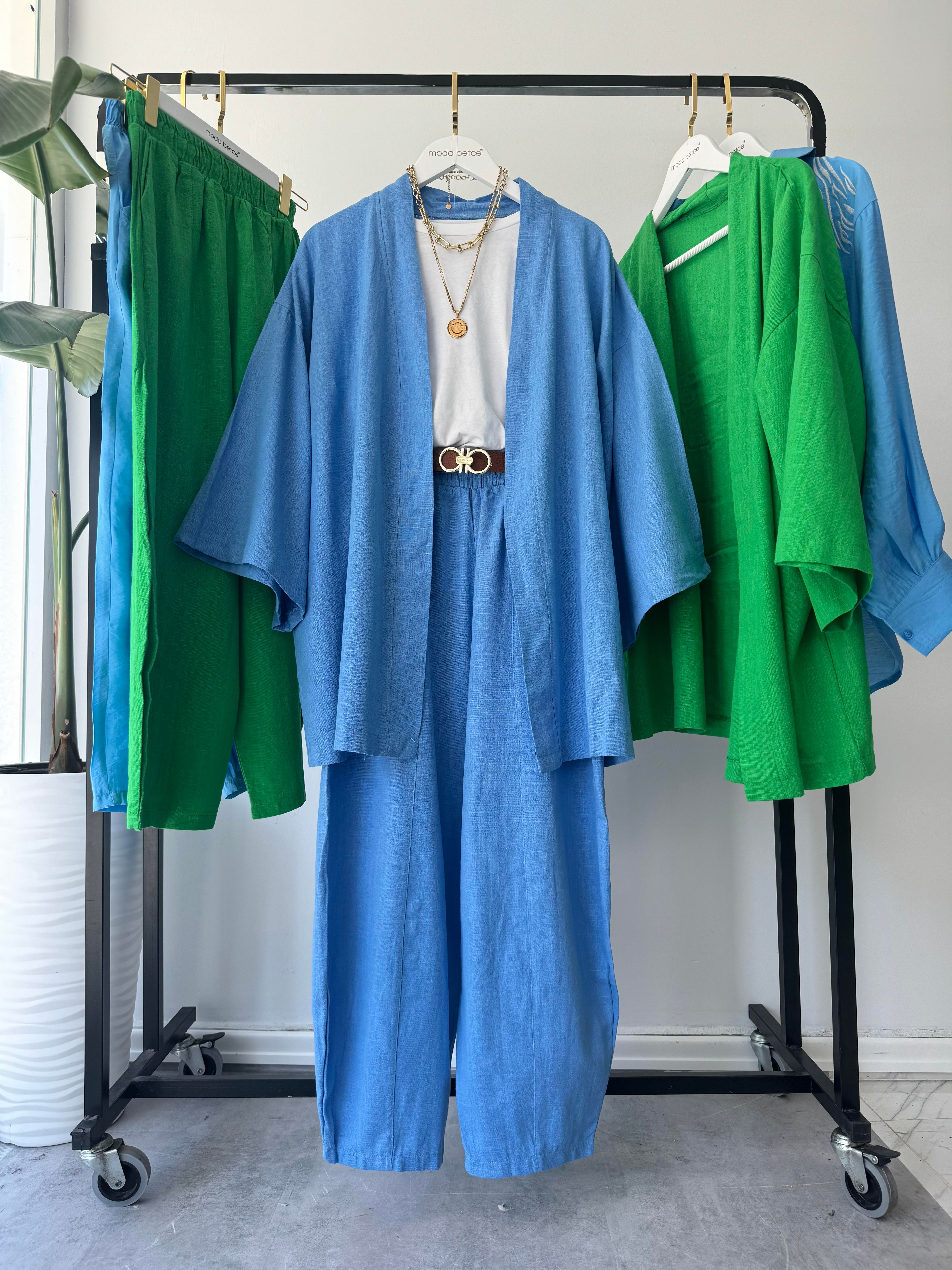 Keten Lina Kimono Takım Mavi