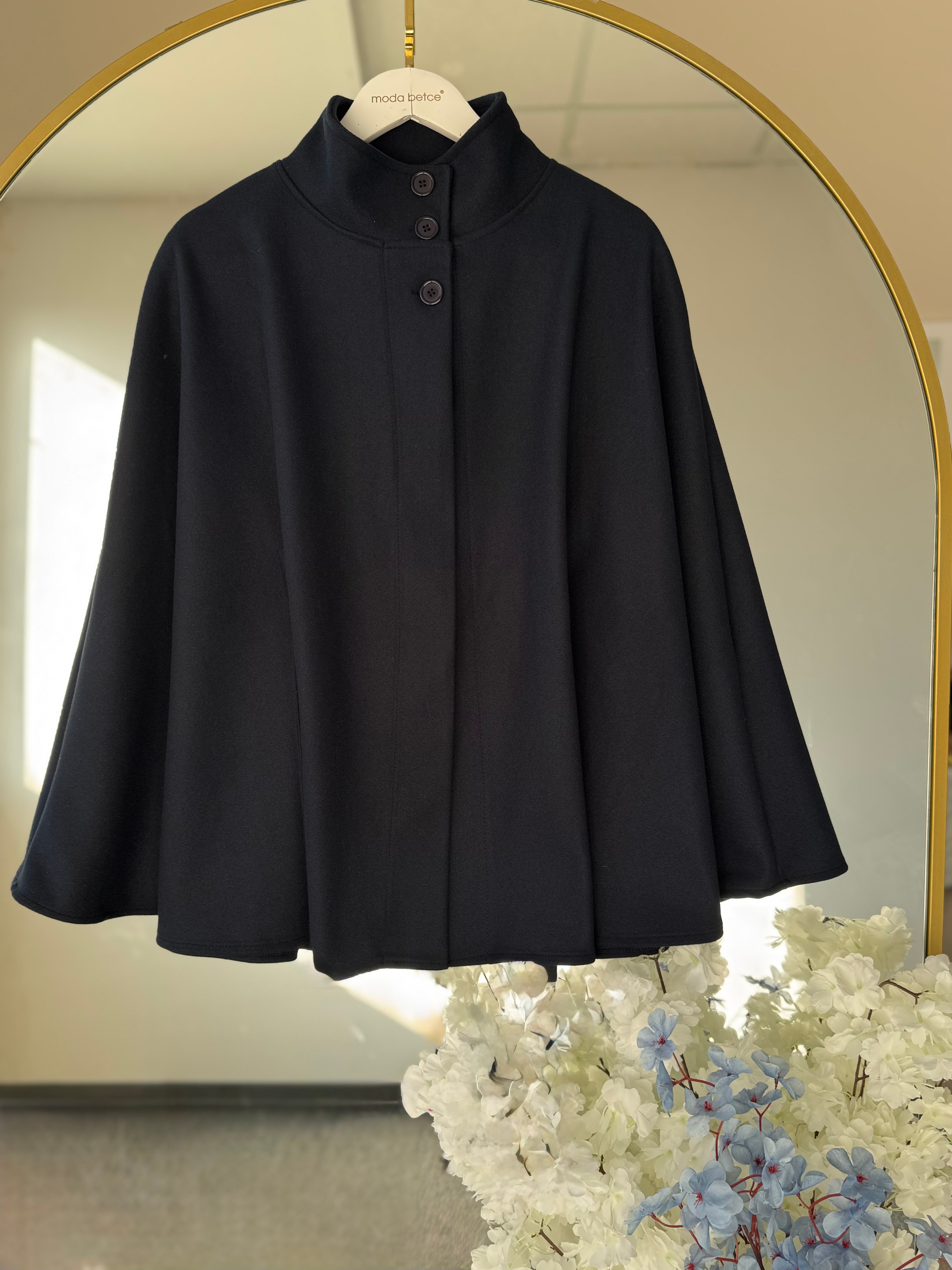 Maria kuşak detaylı panço Lacivert