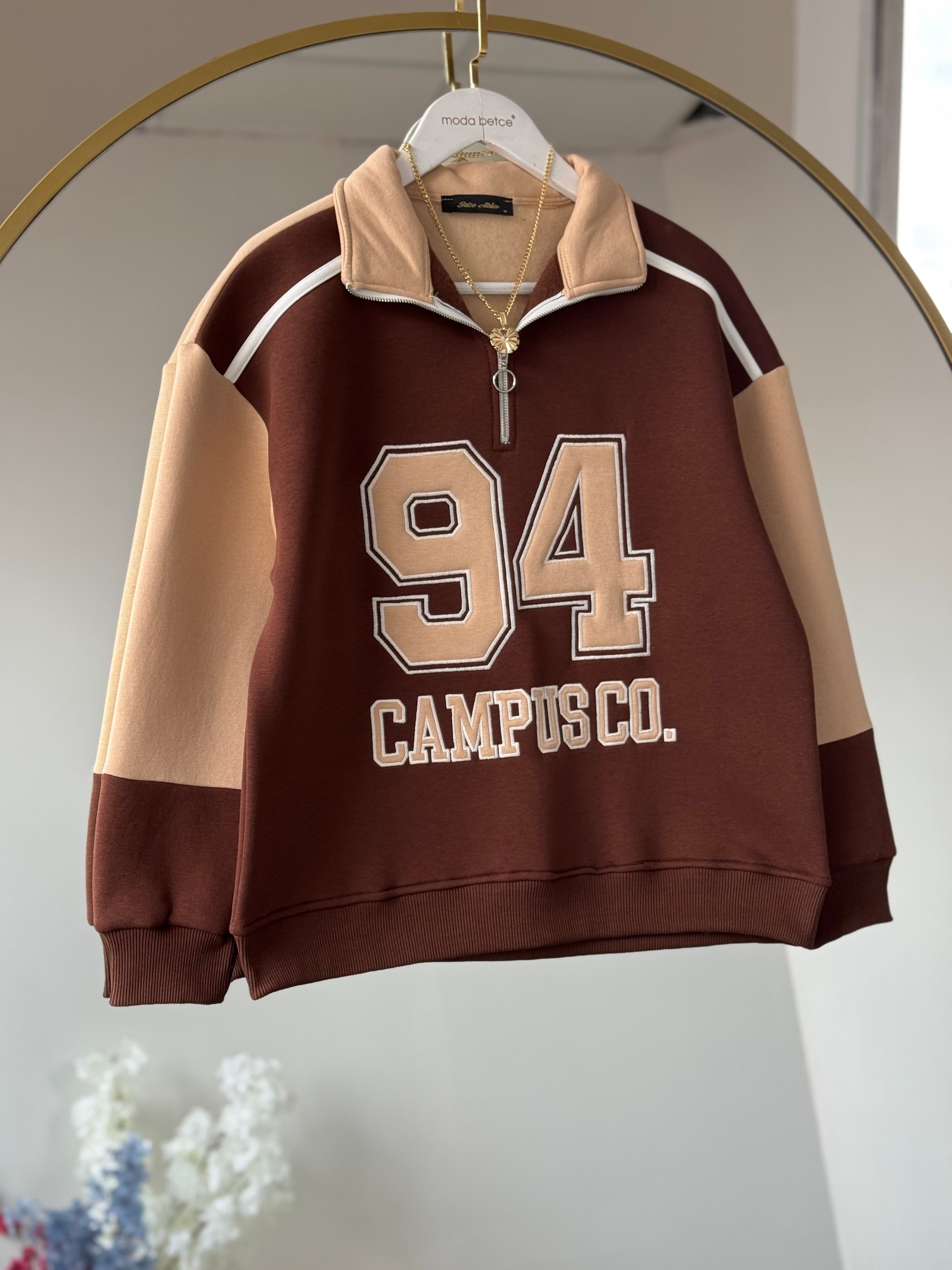 94 Nakışlı sweat Kahverengi