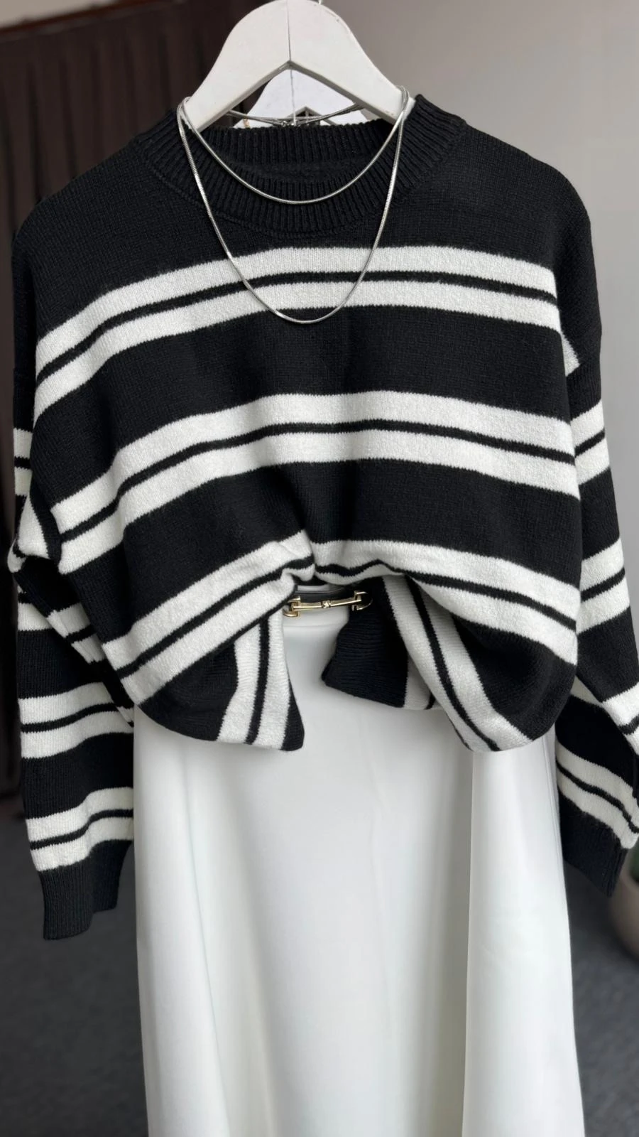 yeni çizgili larry yün kazak siyah