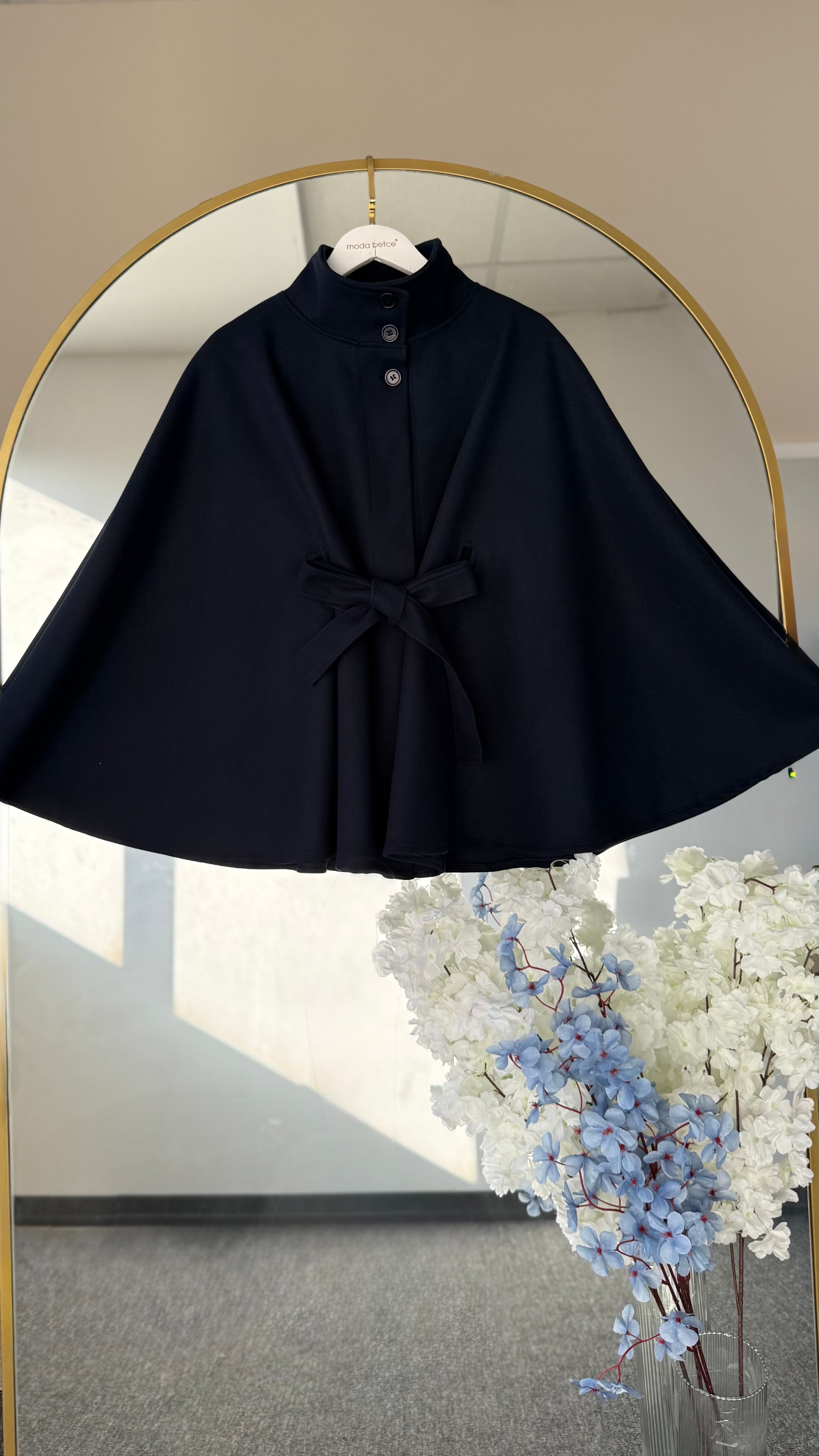 Maria kuşak detaylı panço Lacivert