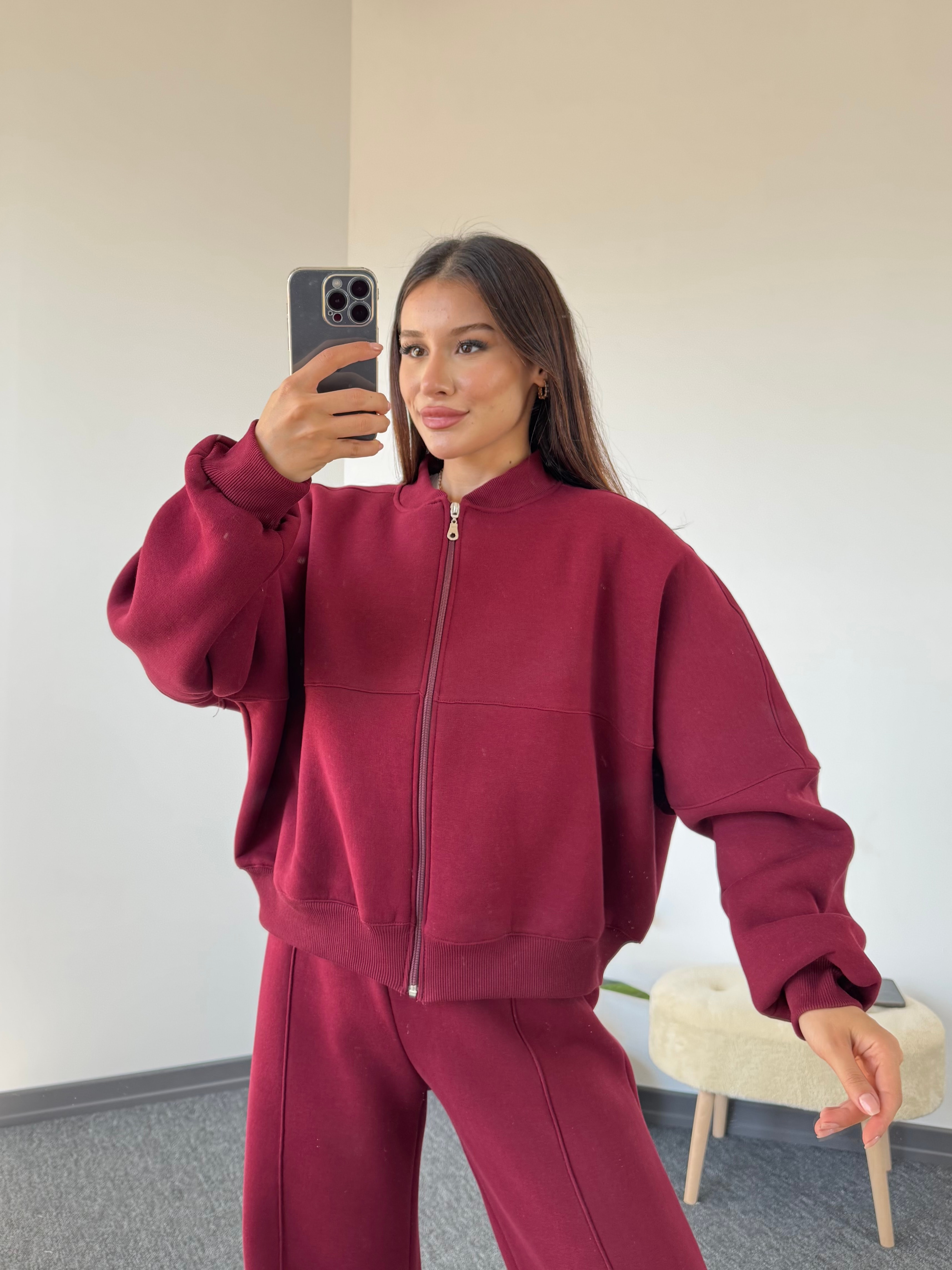 Violet hırka alt eşofman takım bordo