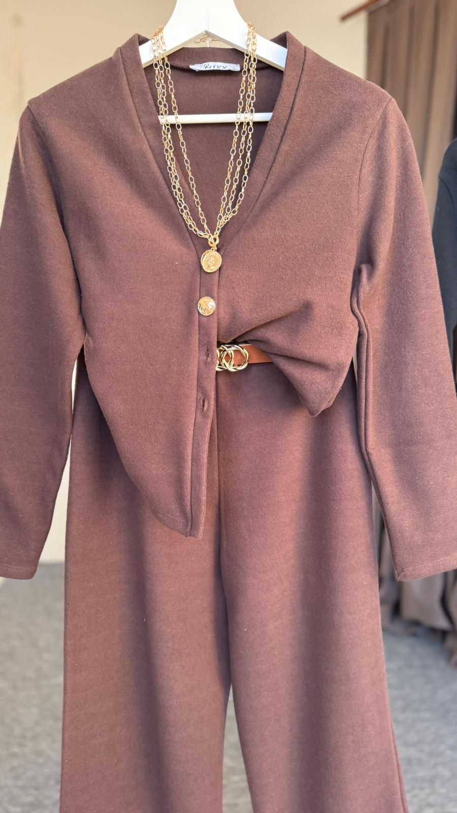 Aliza gold düğme triko takım Kahverengi