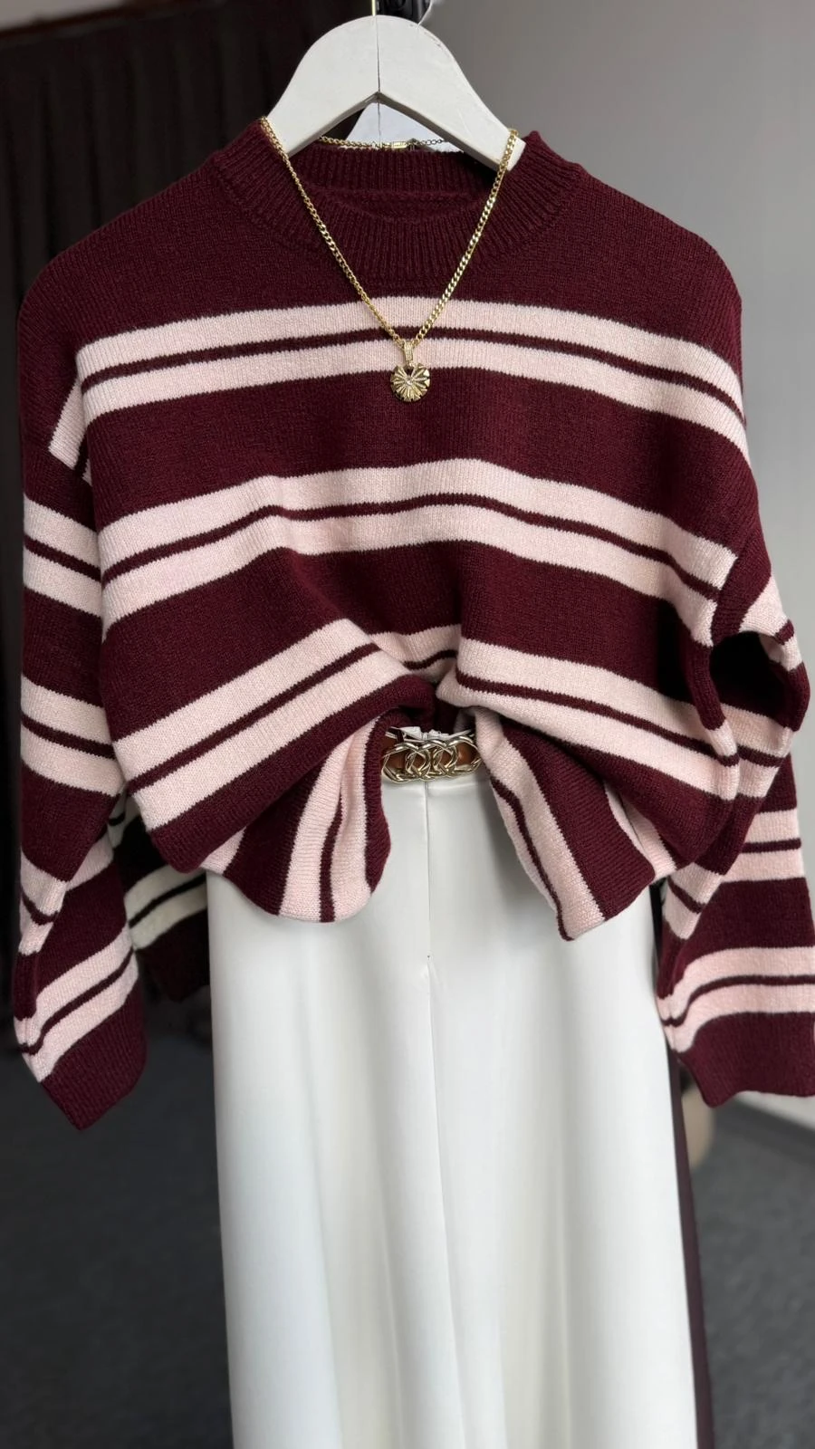 yeni çizgili larry yün kazak bordo