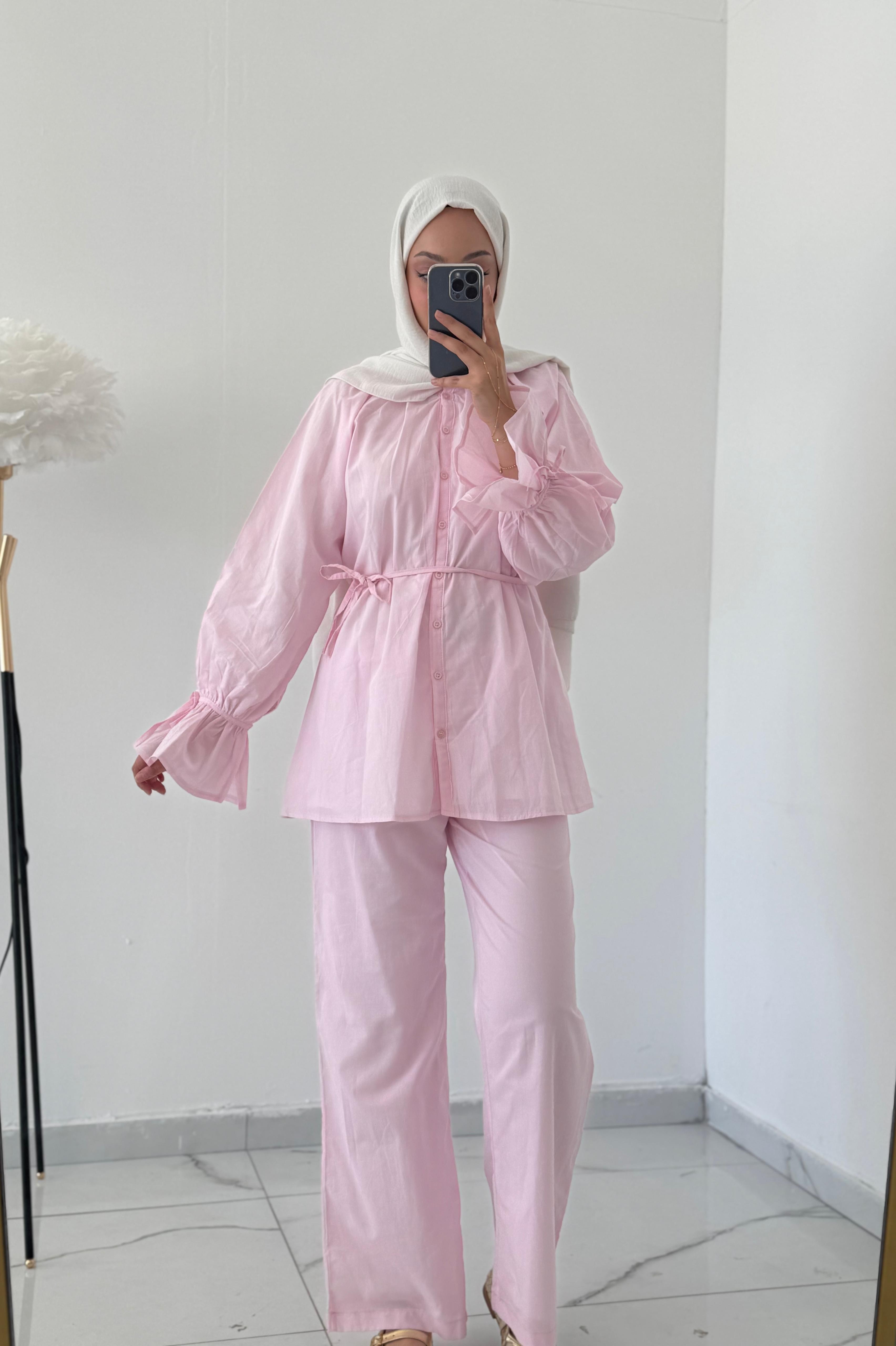 Venesa Tunik Pantolon astarlı vual takım  - PEMBE