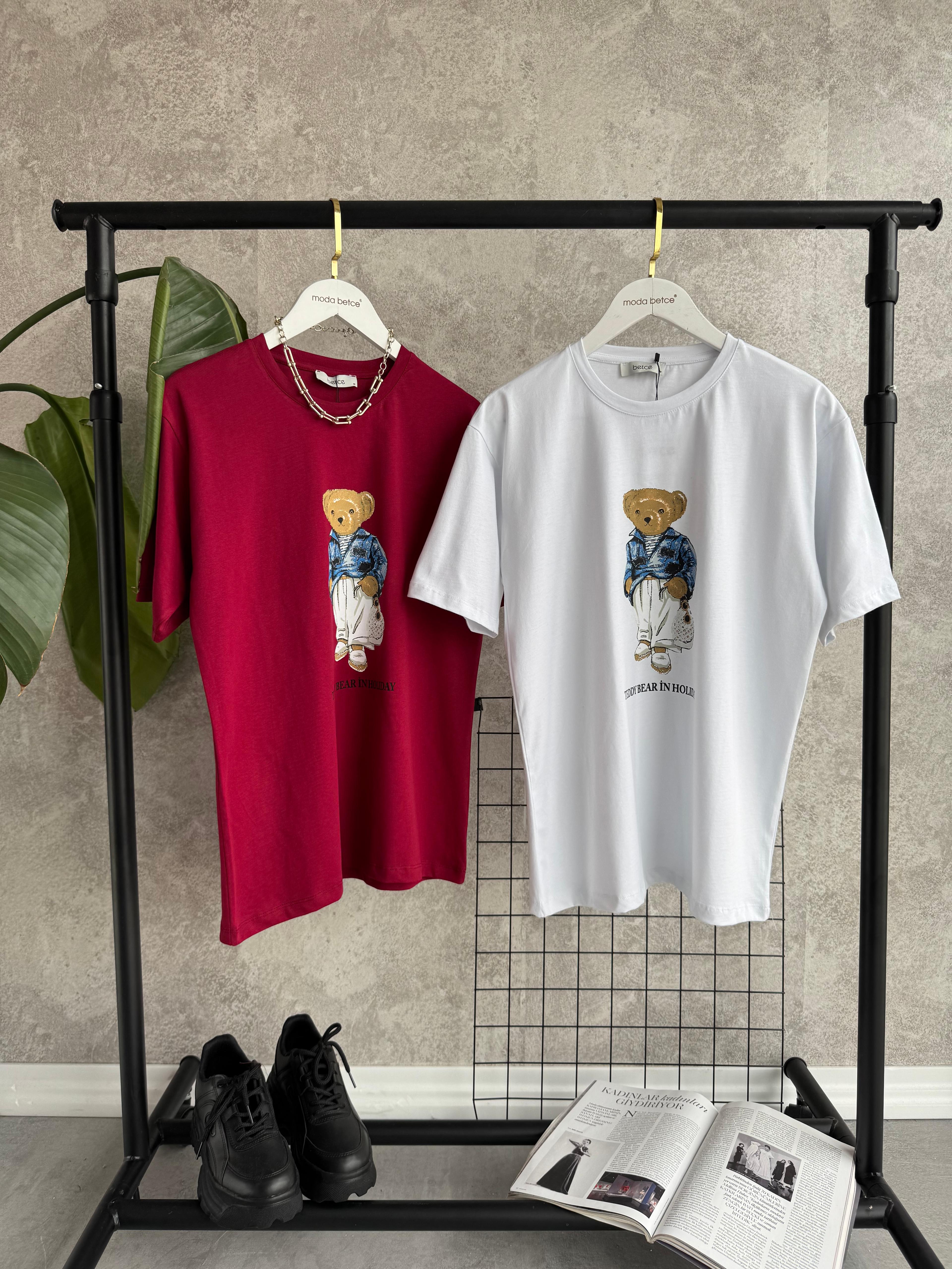 Holiday Baskılı Bear Bordo Tshirt