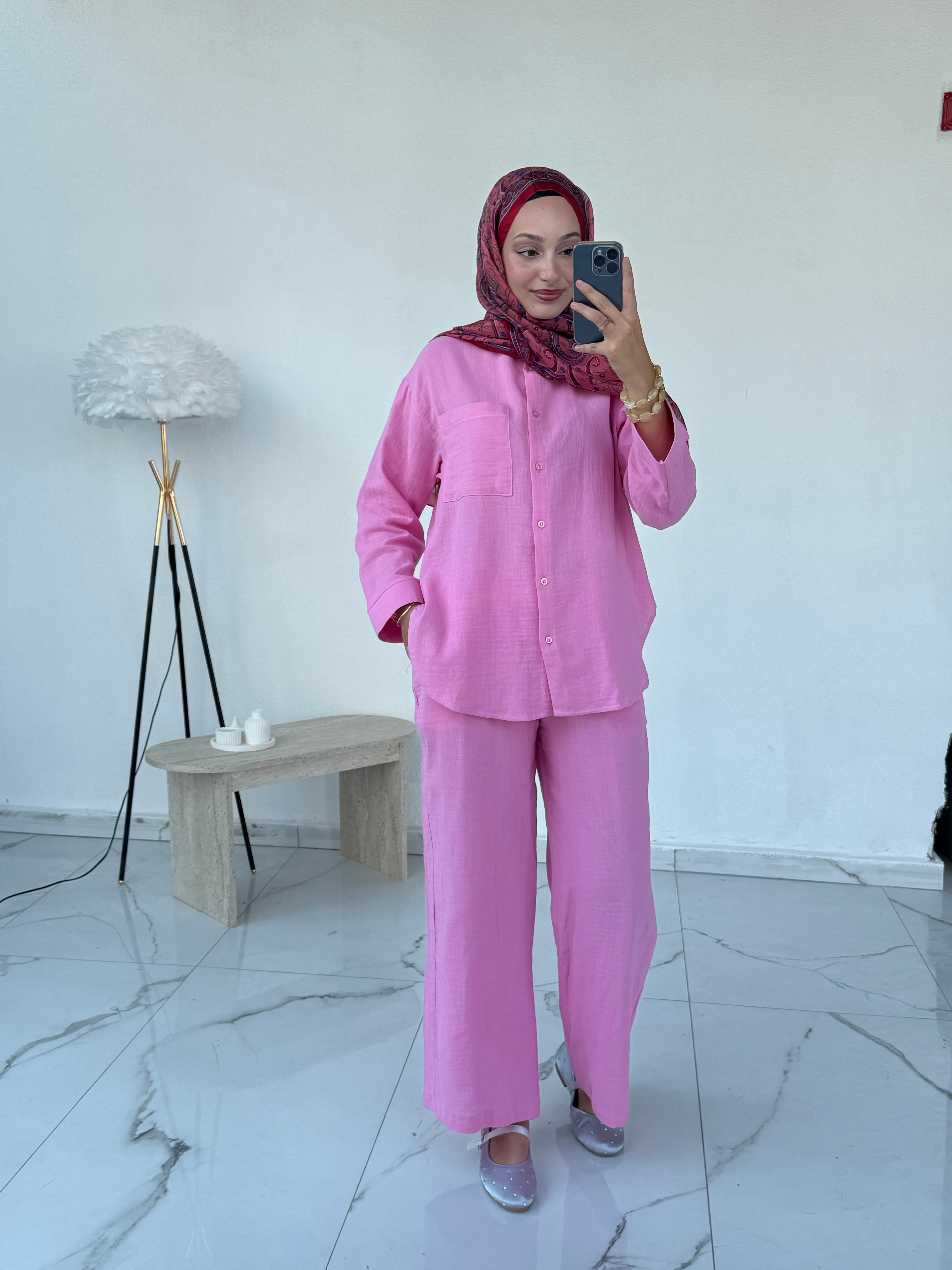 Müslin gömlekli takım pembe 