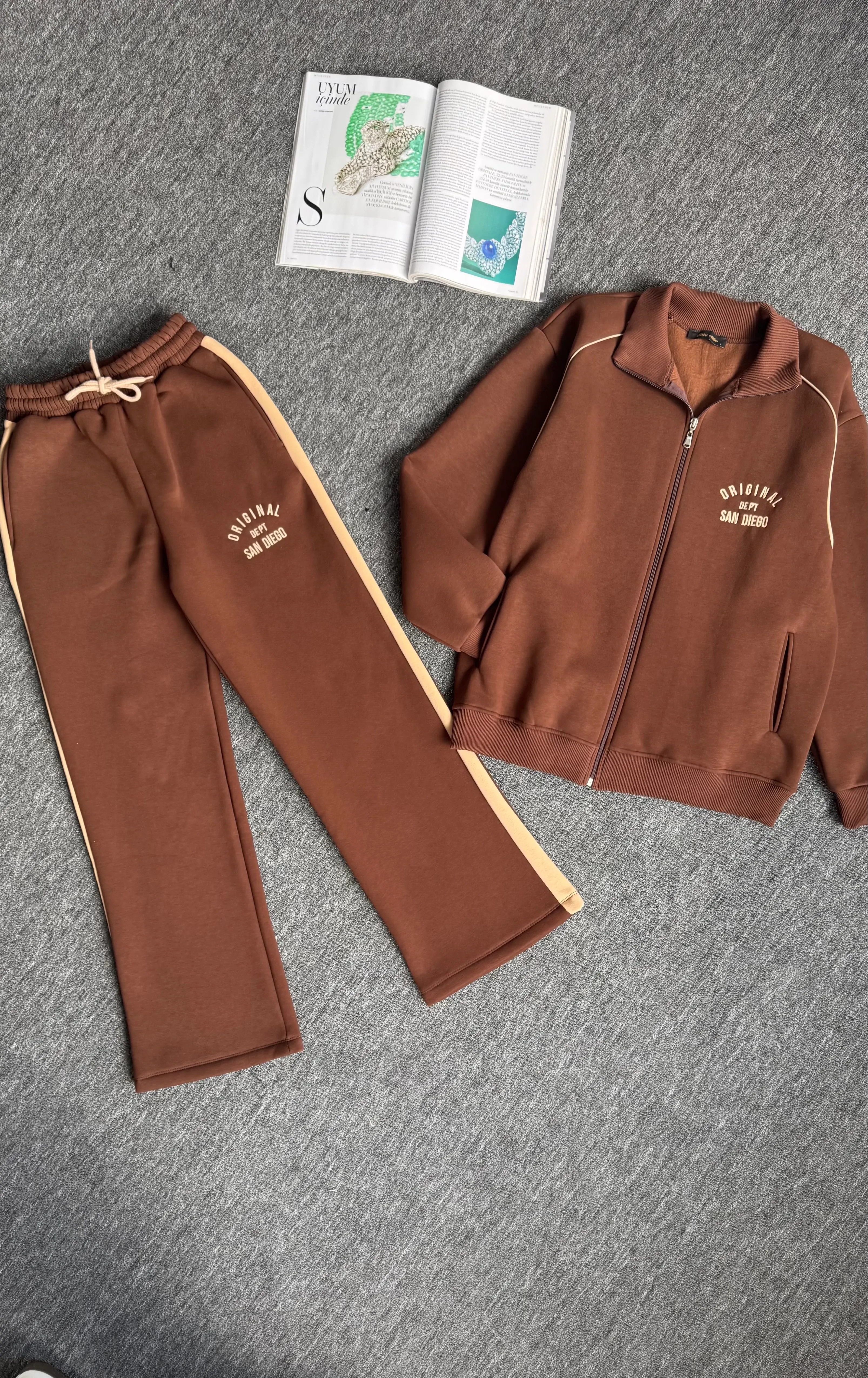 Diego nakışlı hırka eşofman takım kahverengi