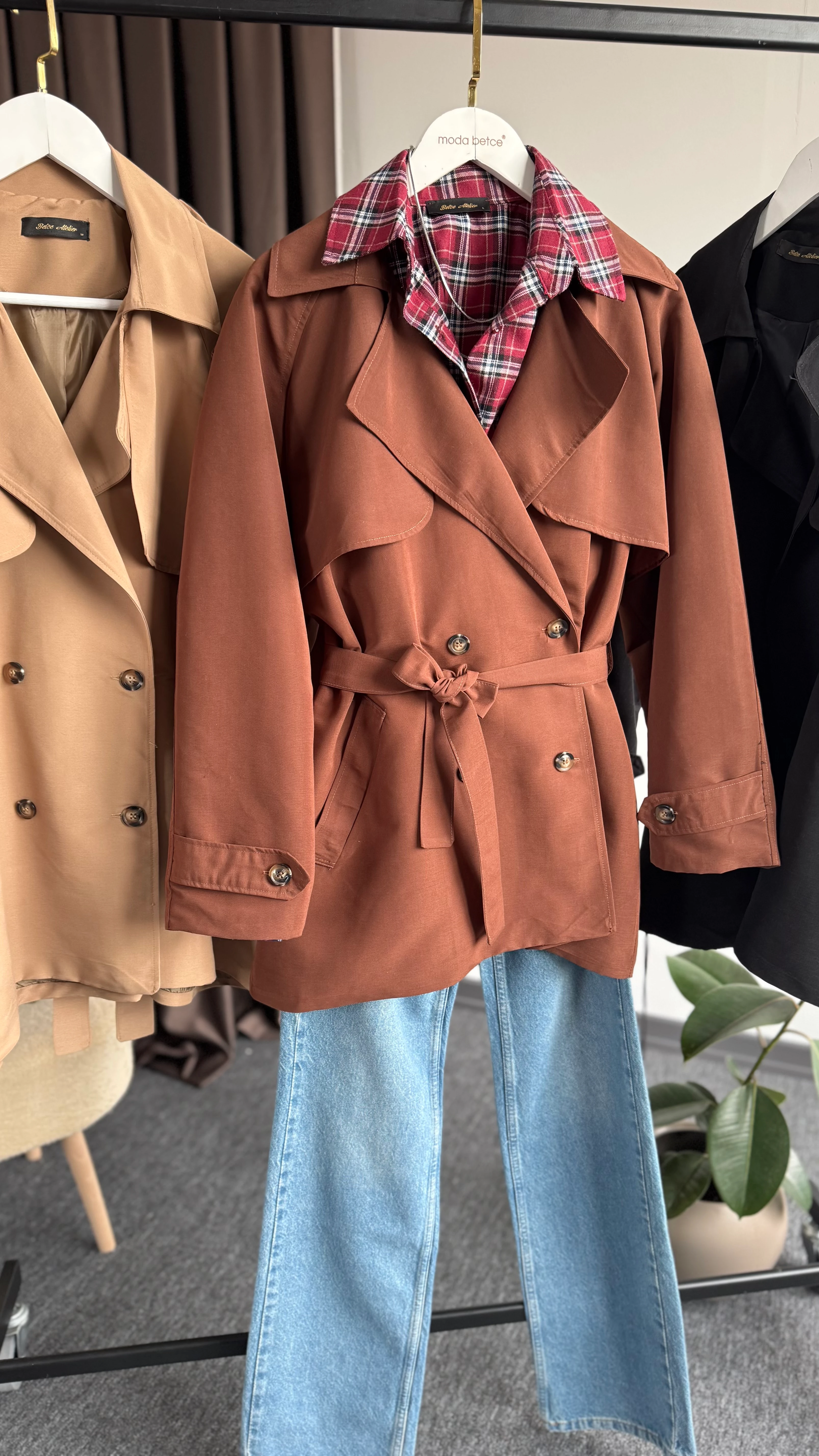 Perla uzun trençkot kahverengi