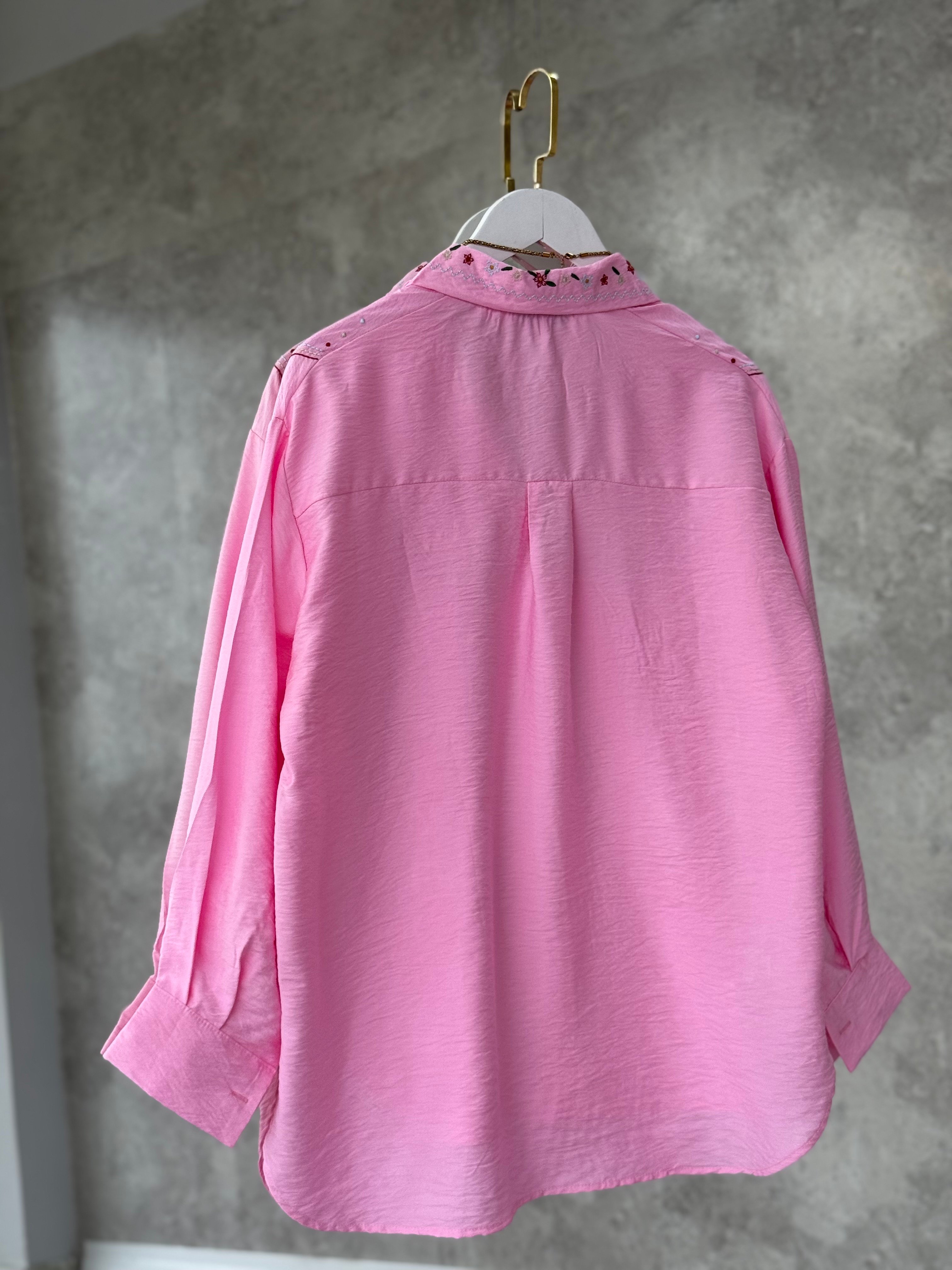 Vintage Nakışlı Gömlek Pembe  