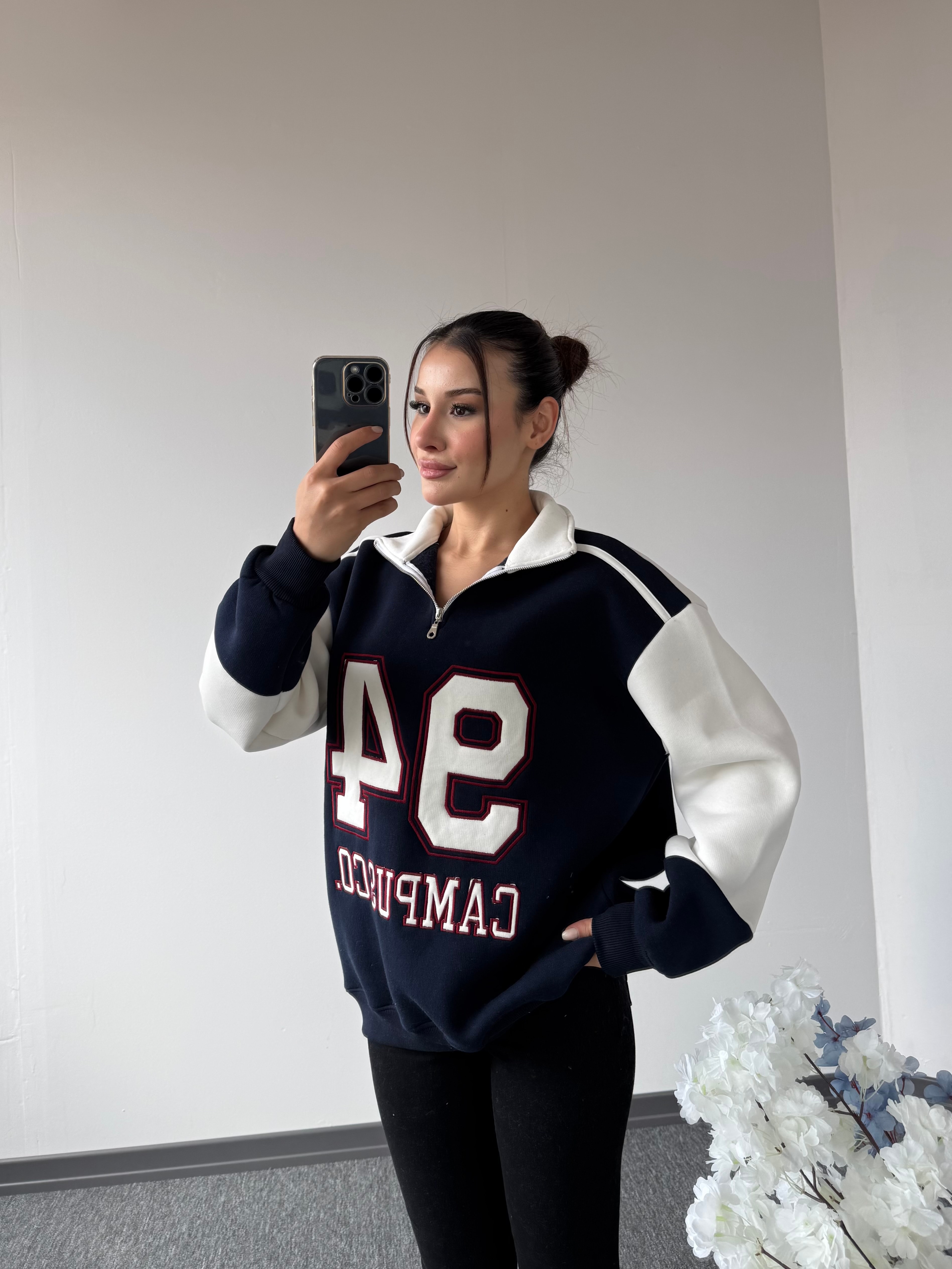 94 nakışlı oversize sweat lacivert