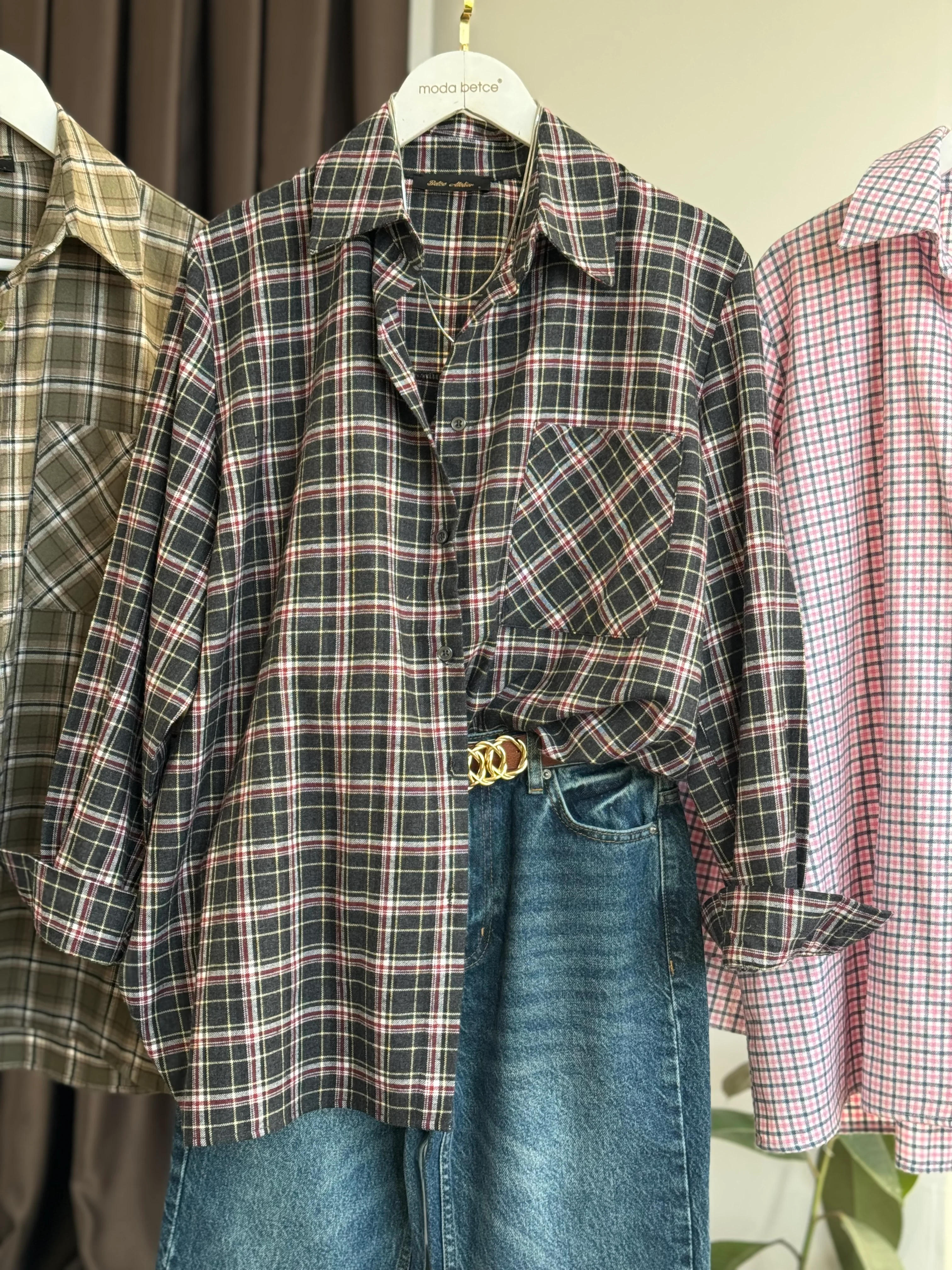 Yeni Ekoseli  oversize gömlek SİYAH 44