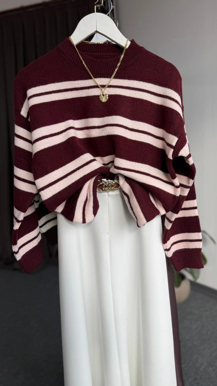 yeni çizgili larry yün kazak bordo