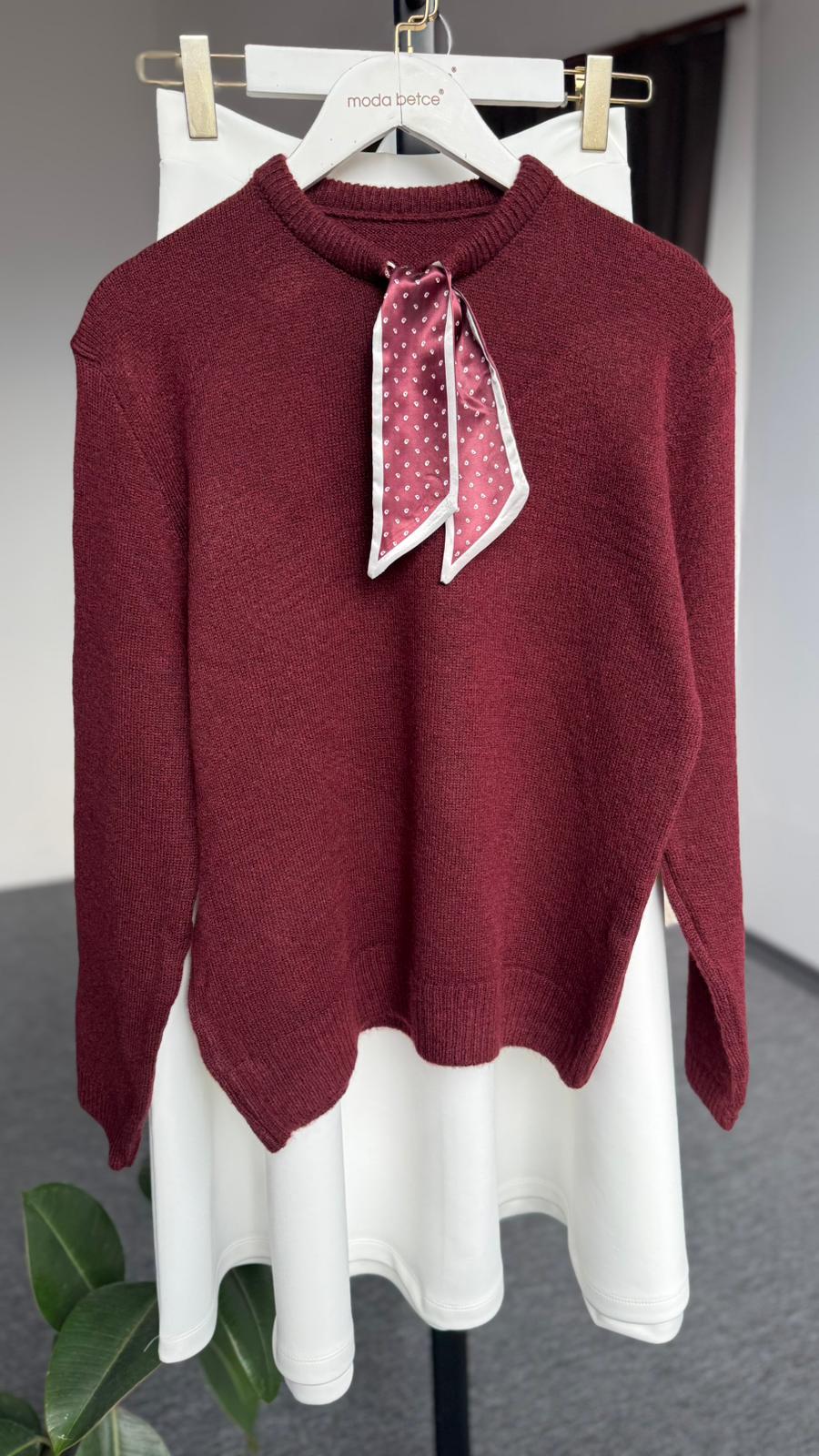 yakası fularlı yün kazak BORDO