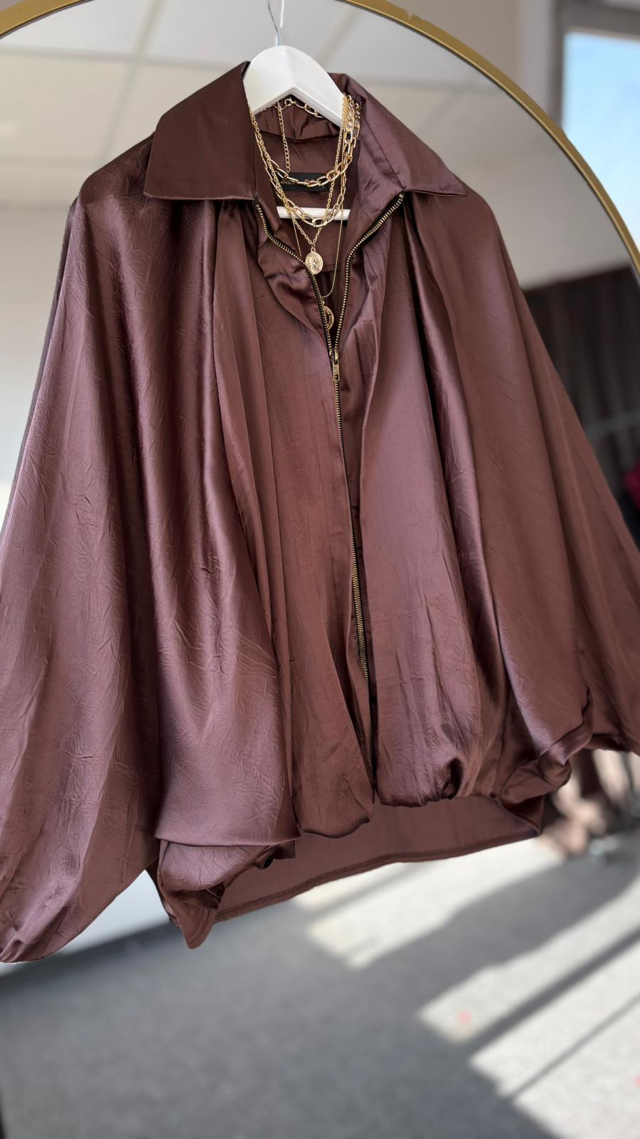 Zra kraşlı saten bomber ceket Kahverengi